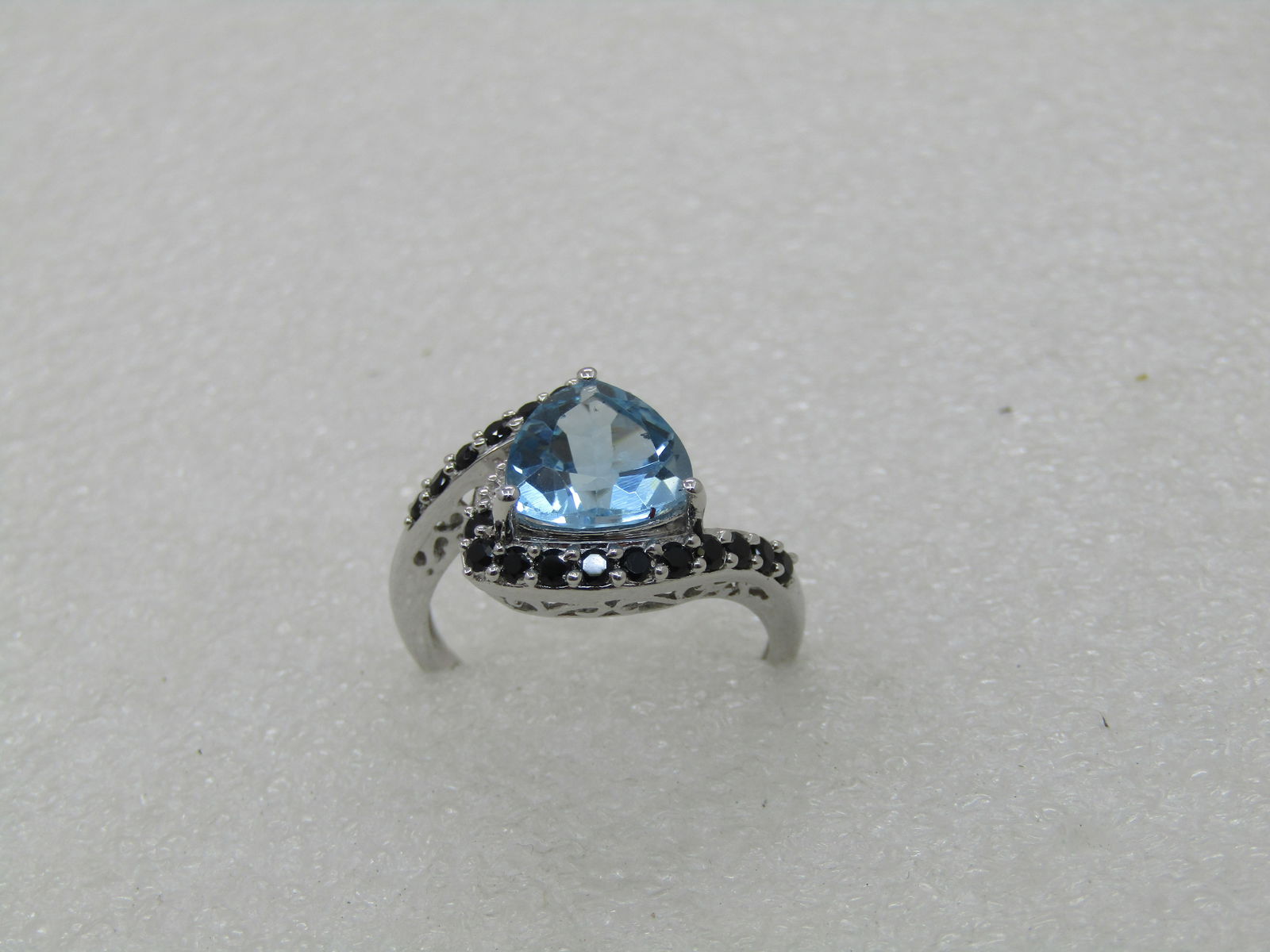 Sterling Silver Lab Topaz Triangular Ring, Sz. 10.5, Black Rhinestone Bypass - 7