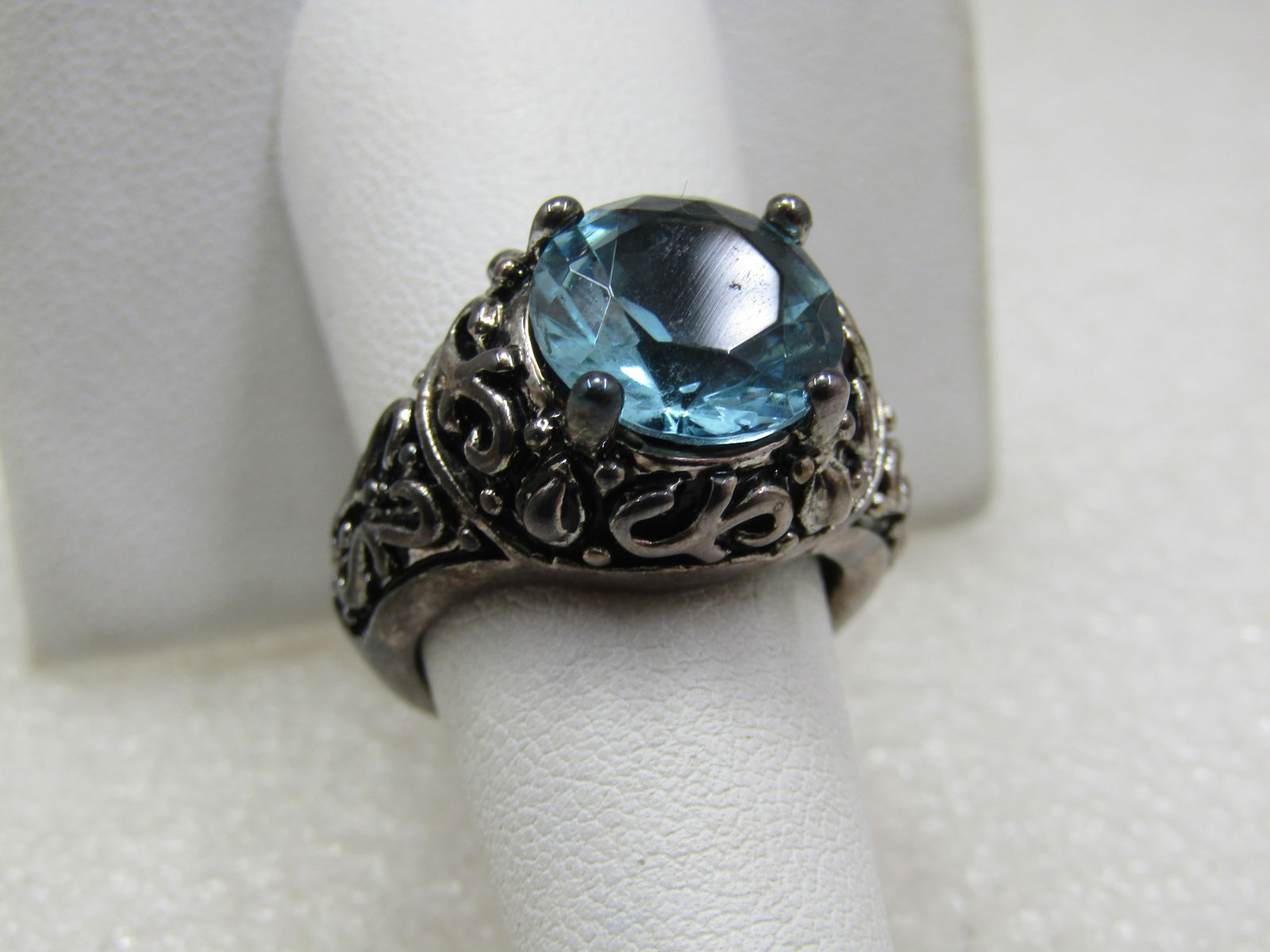 Silver Tone Simulated Blue Topaz Scrolled Ring, Sz. 7, Statement Ring - 2