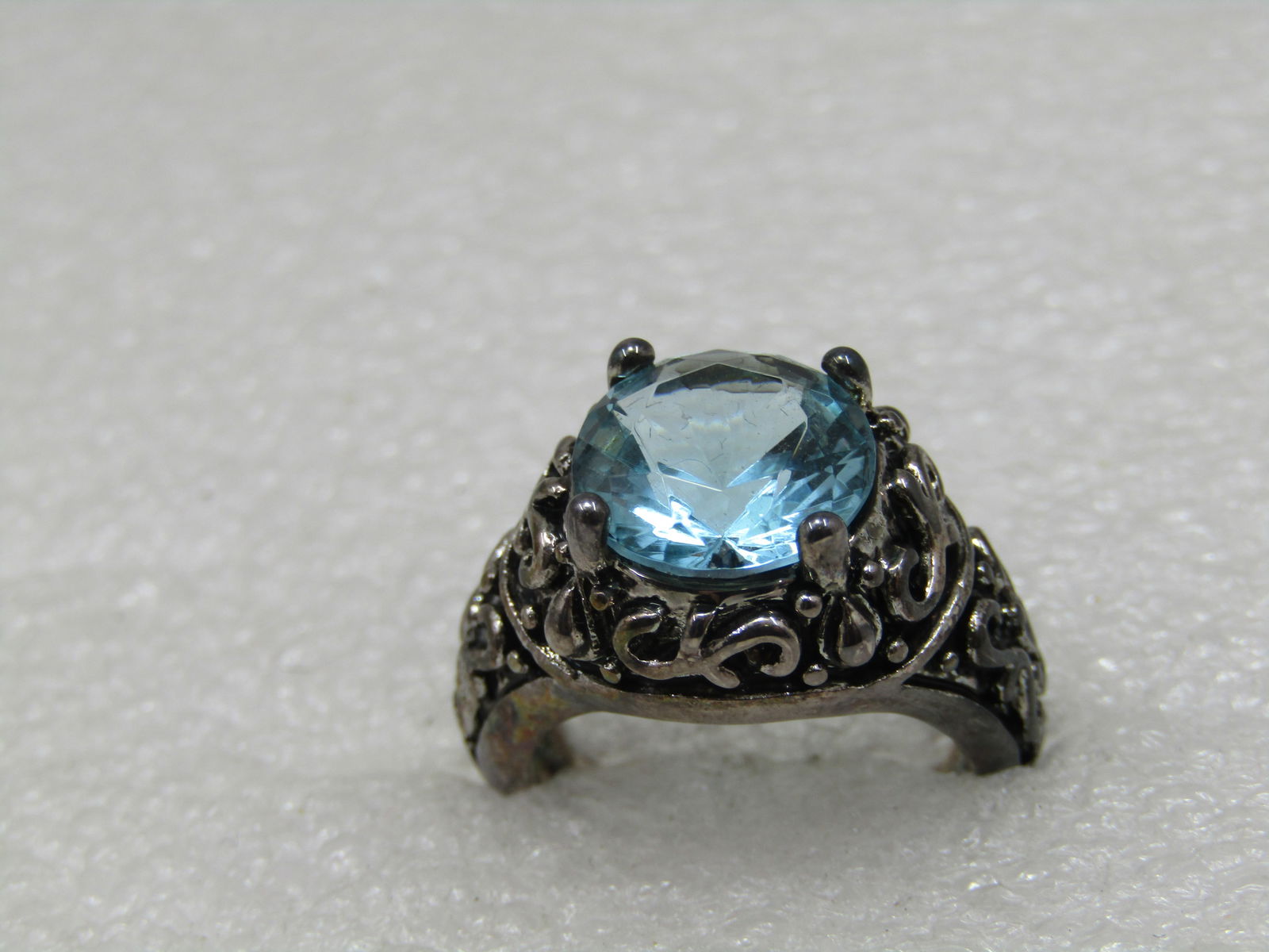 Silver Tone Simulated Blue Topaz Scrolled Ring, Sz. 7, Statement Ring - 3