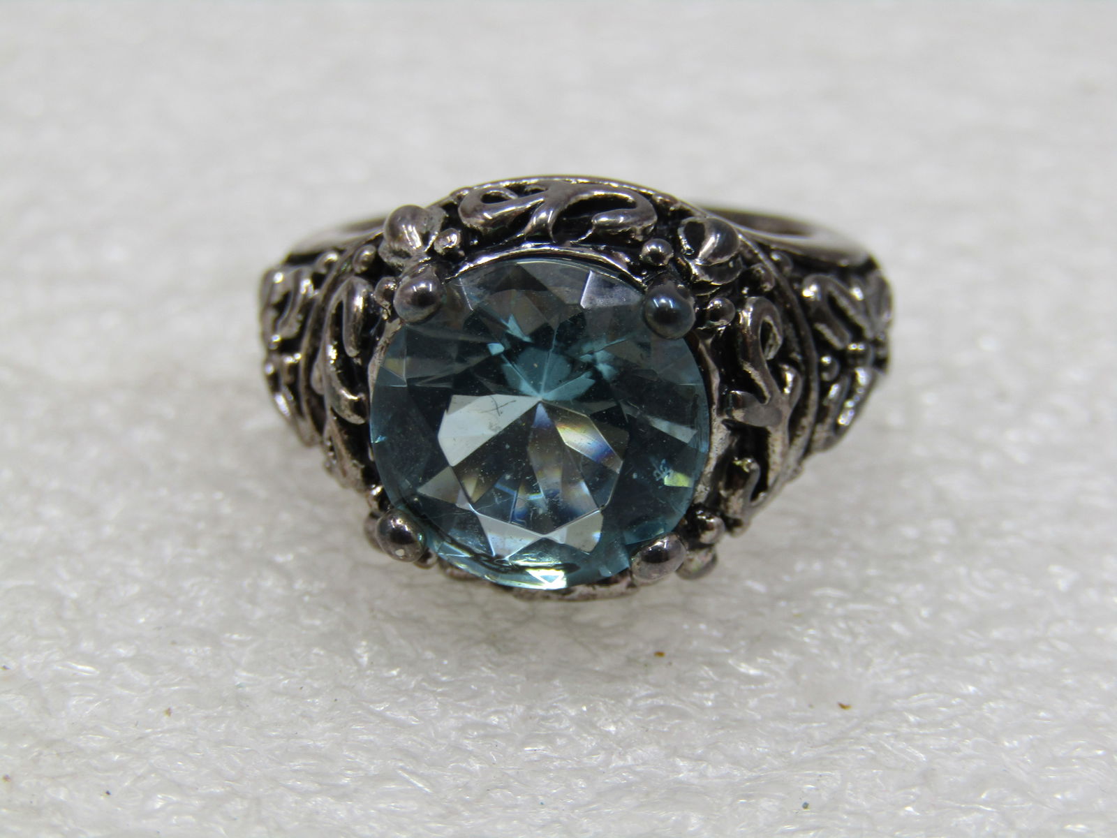 Silver Tone Simulated Blue Topaz Scrolled Ring, Sz. 7, Statement Ring - 4