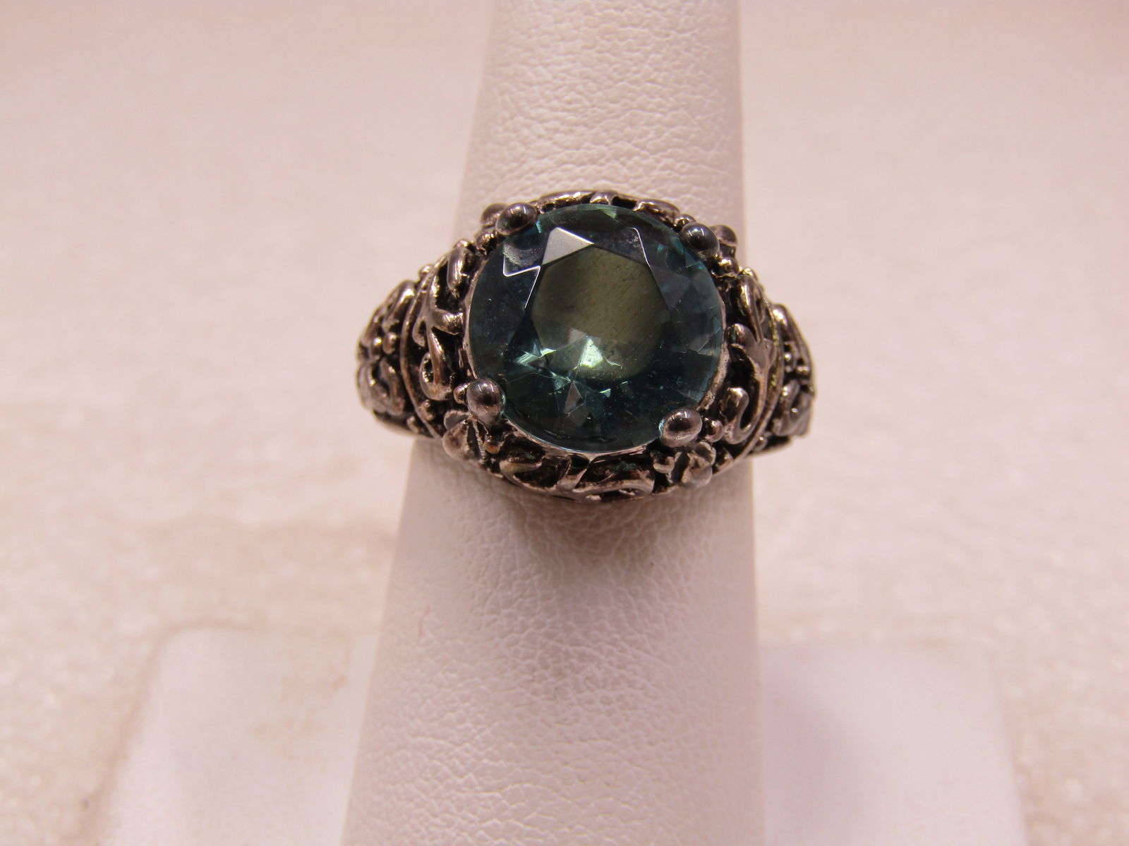 Silver Tone Simulated Blue Topaz Scrolled Ring, Sz. 7, Statement Ring - 6