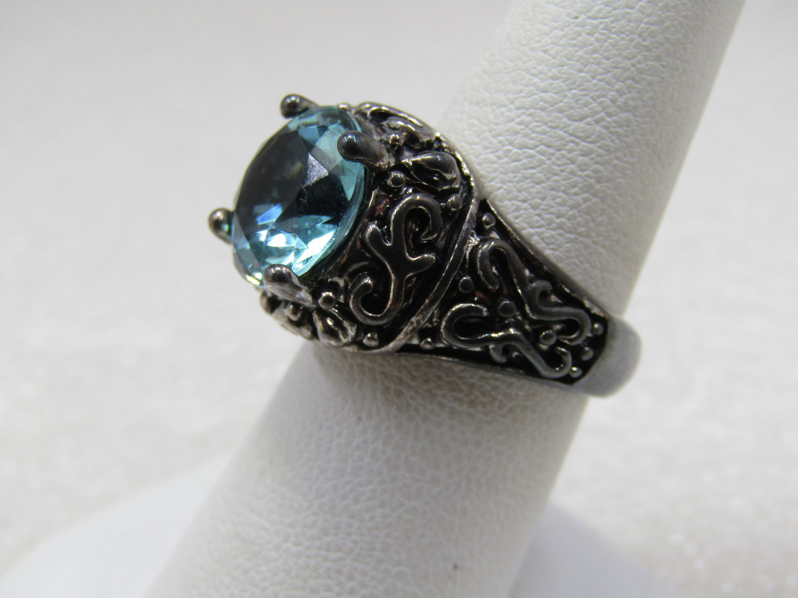Silver Tone Simulated Blue Topaz Scrolled Ring, Sz. 7, Statement Ring - 8
