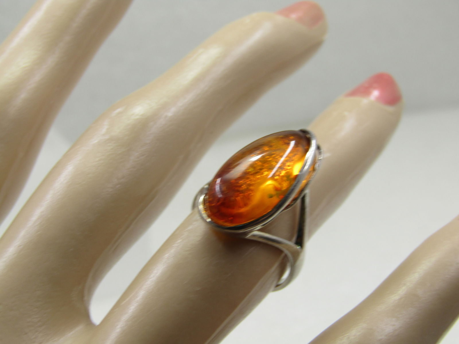 Vintage Sterling Amber Ring, Size 6, Elongated Oval - 10
