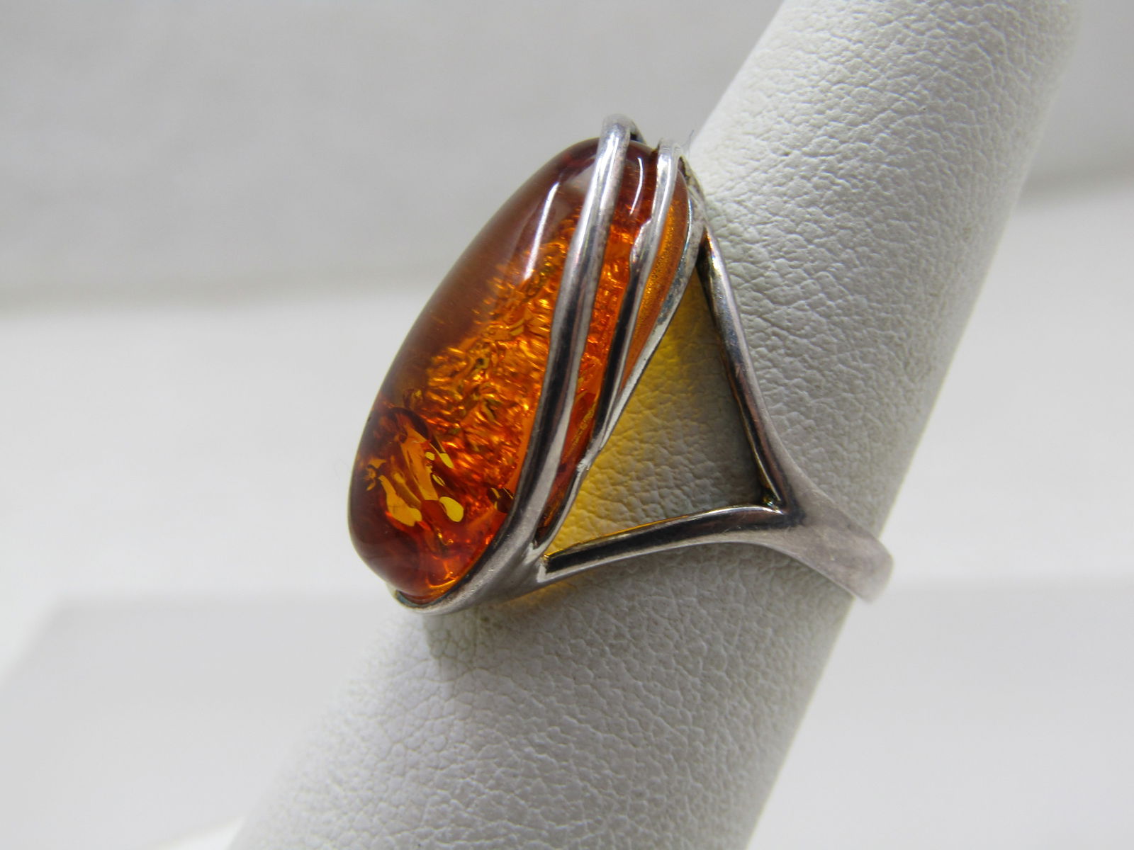 Vintage Sterling Amber Ring, Size 6, Elongated Oval - 2