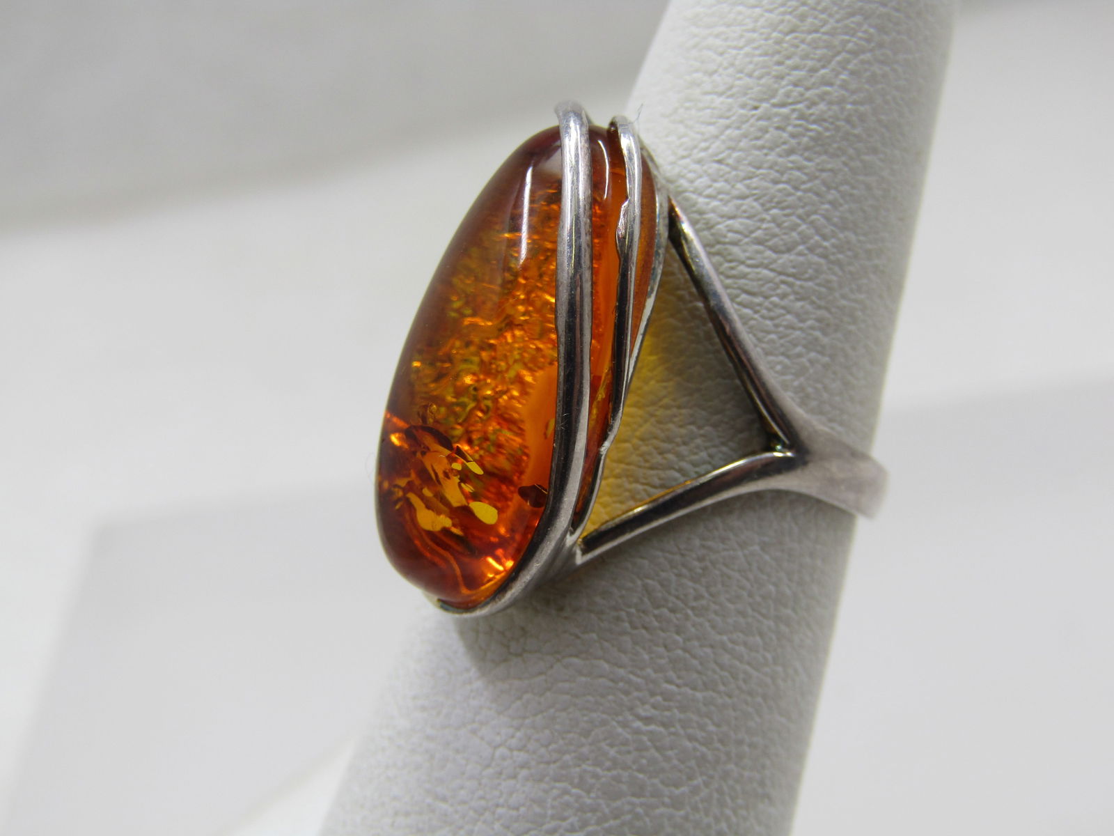 Vintage Sterling Amber Ring, Size 6, Elongated Oval - 3