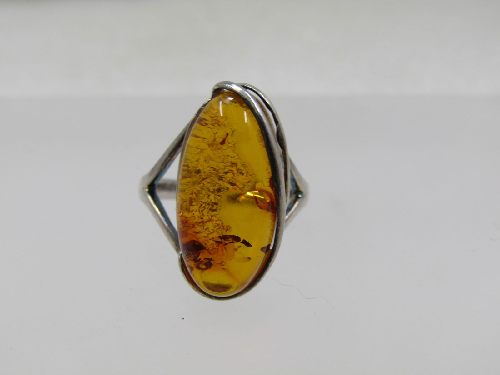 Vintage Sterling Amber Ring, Size 6, Elongated Oval - 4