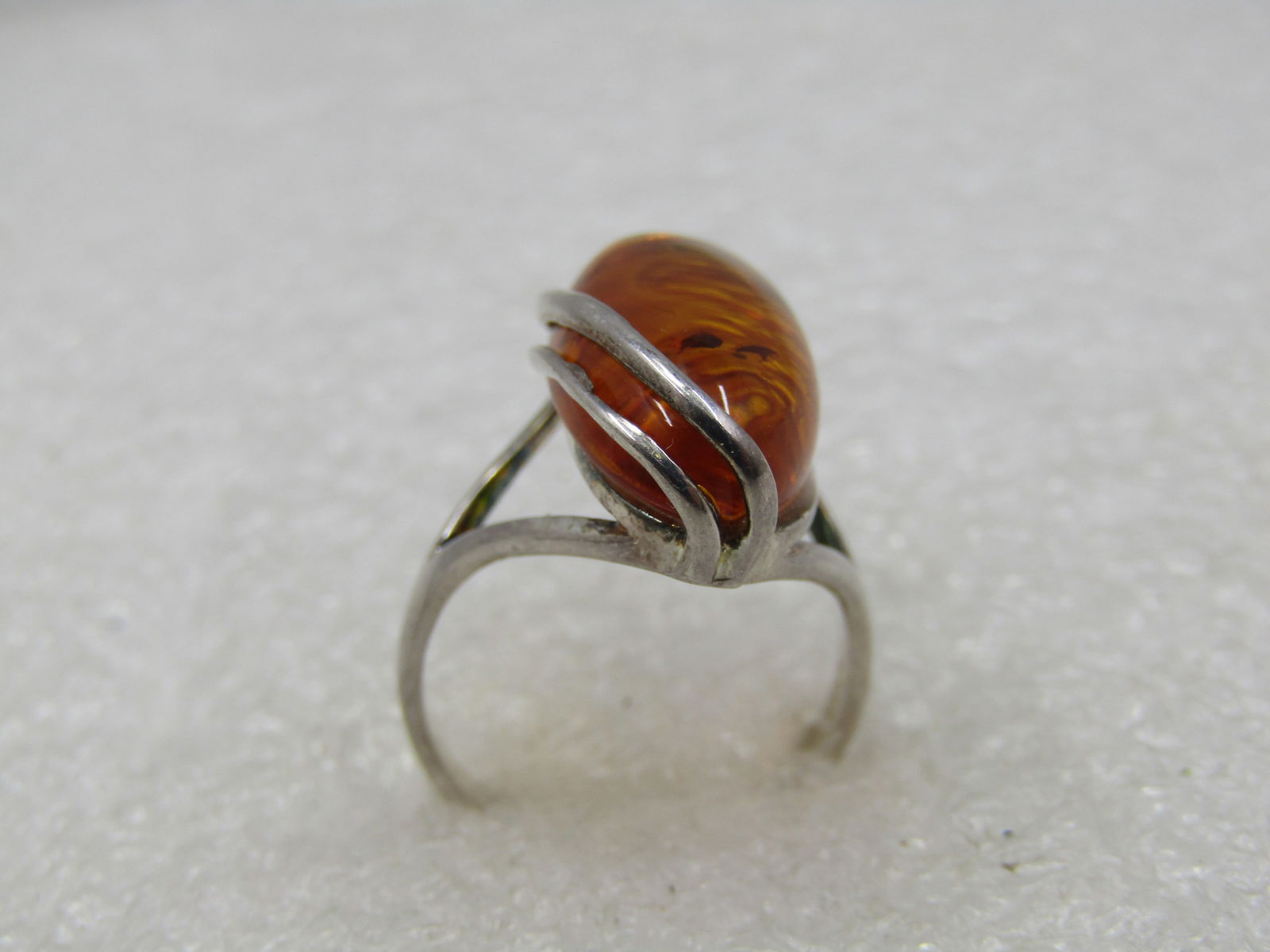 Vintage Sterling Amber Ring, Size 6, Elongated Oval - 6