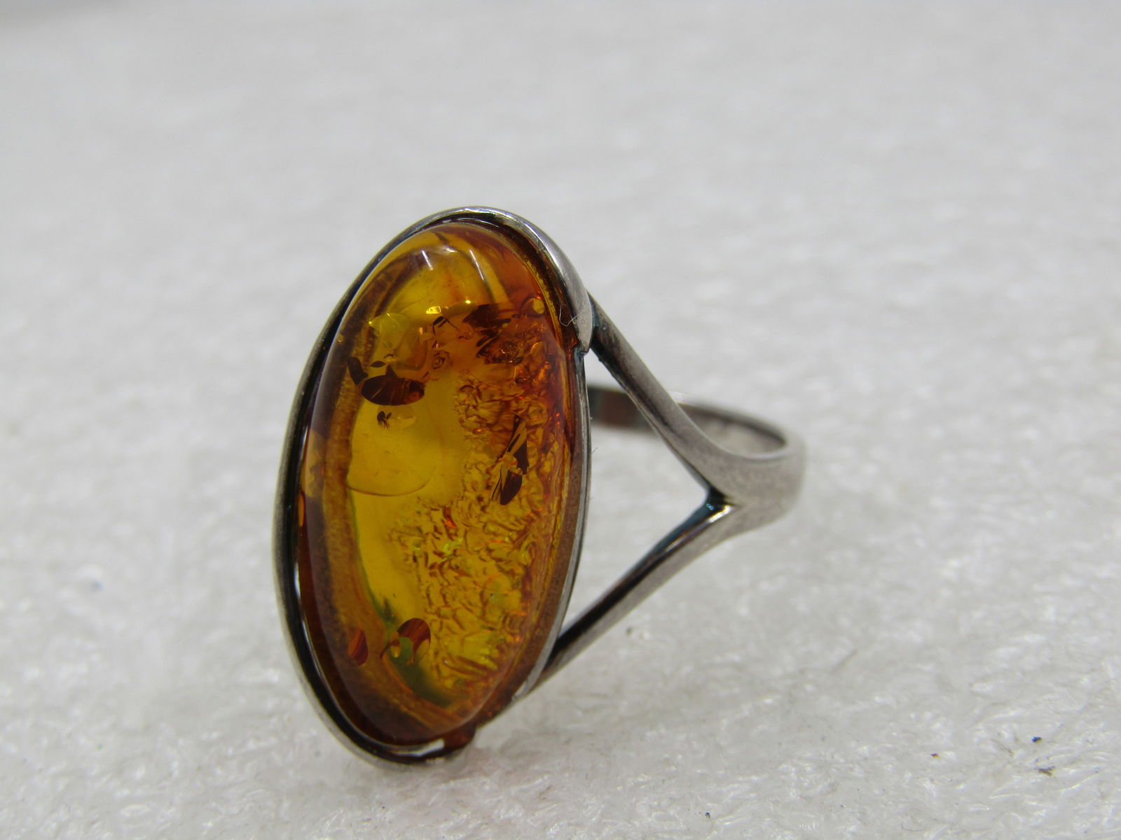 Vintage Sterling Amber Ring, Size 6, Elongated Oval - 7