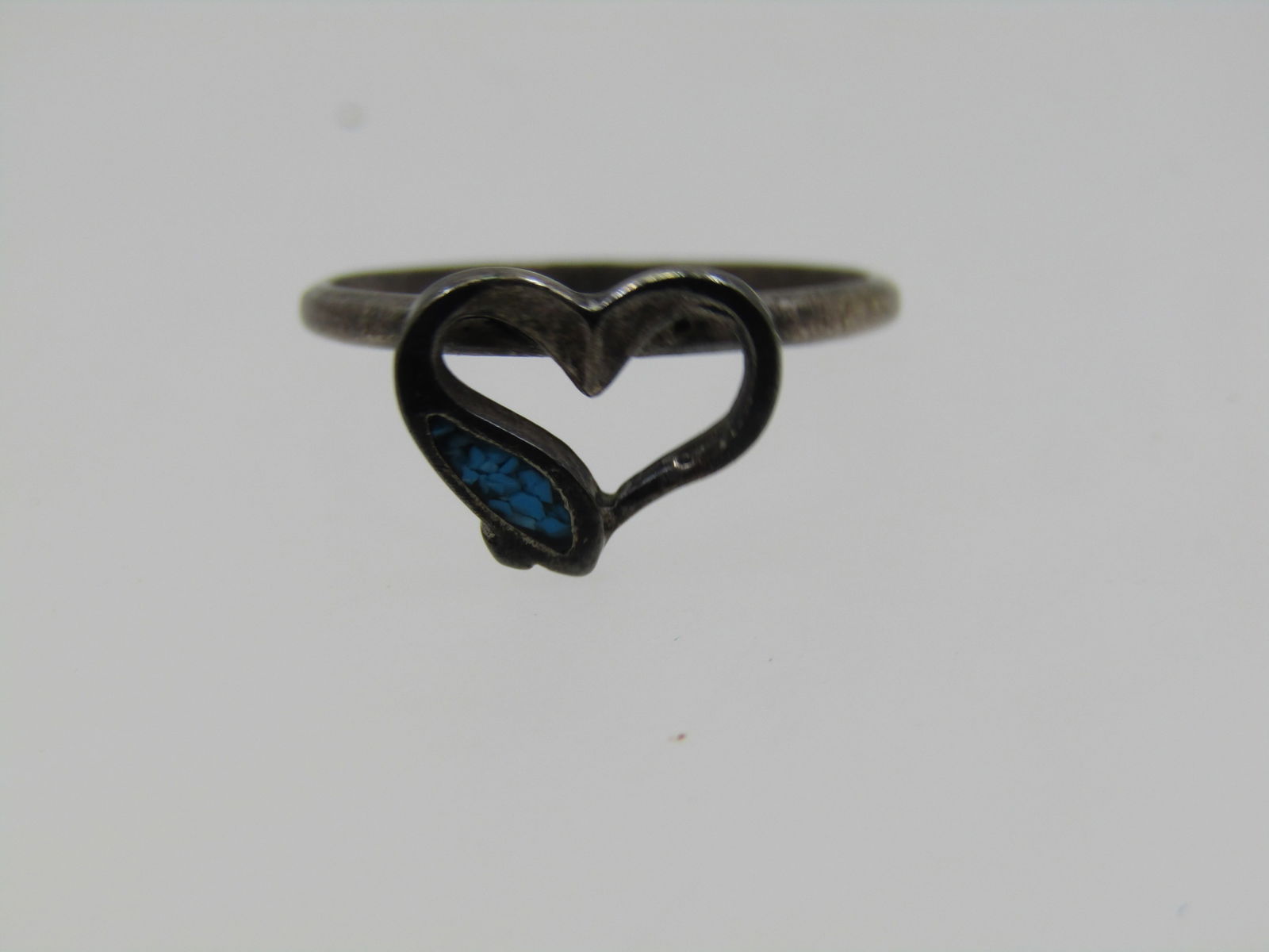 Vintage Southwestern Sterling Turquoise Chip Heart Ring, Sz. 3.5 - 4