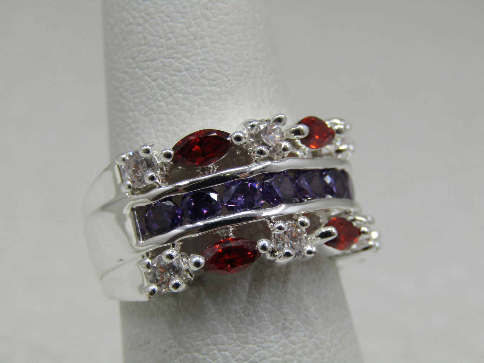 Silver Plated Rhinestone Band Ring, Red/Purple/Clear, Sz. 6.75, Cigar Band - 2