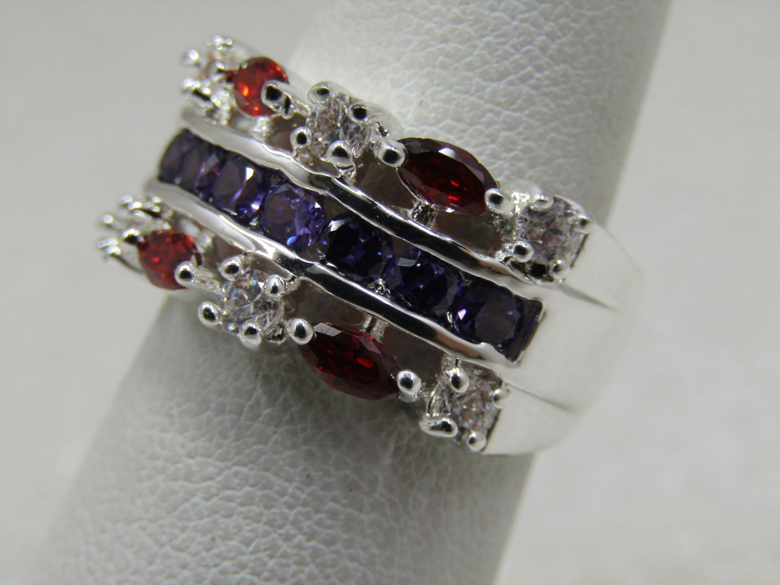 Silver Plated Rhinestone Band Ring, Red/Purple/Clear, Sz. 6.75, Cigar Band - 3