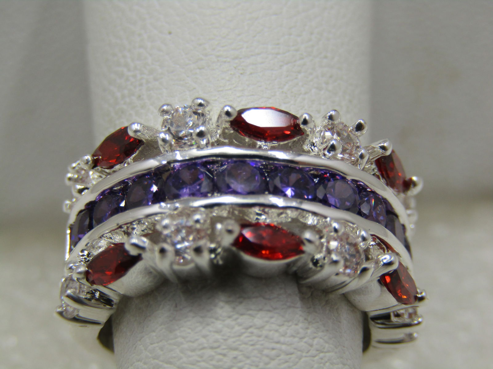 Silver Plated Rhinestone Band Ring, Red/Purple/Clear, Sz. 6.75, Cigar Band - 4