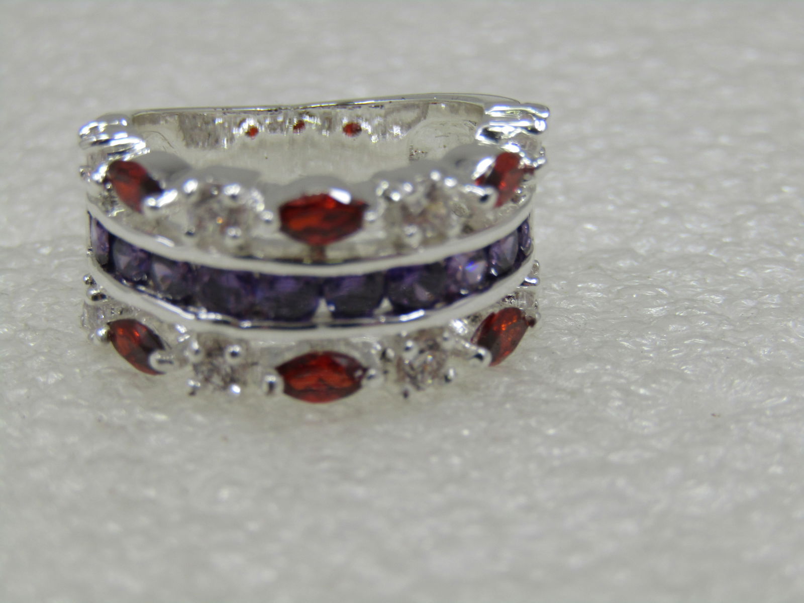 Silver Plated Rhinestone Band Ring, Red/Purple/Clear, Sz. 6.75, Cigar Band - 5