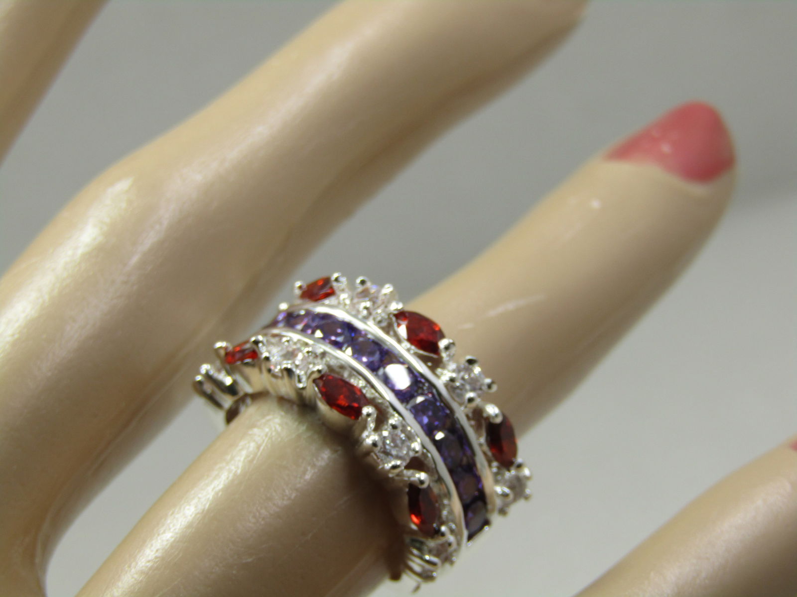 Silver Plated Rhinestone Band Ring, Red/Purple/Clear, Sz. 6.75, Cigar Band - 7