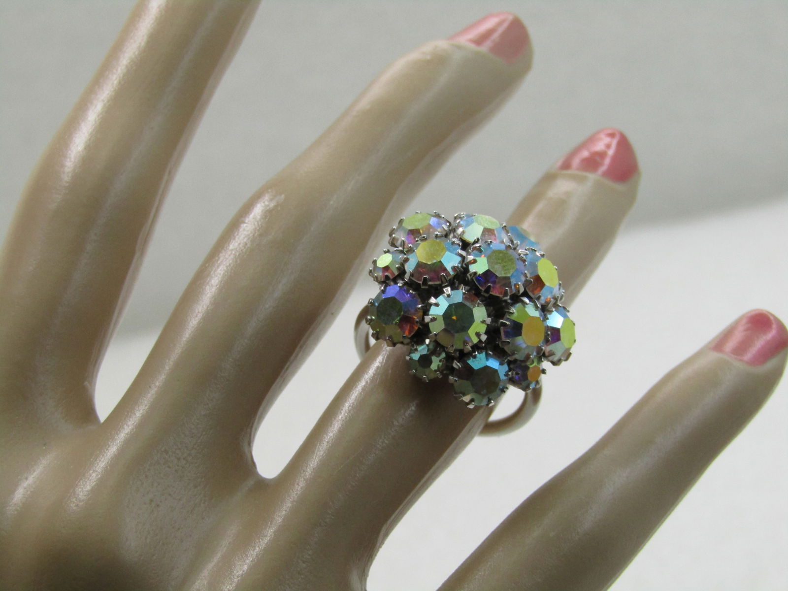 Vintage Sarah Coventry Aurora Borealis Rhinestone Ring, Adjustable, - 7