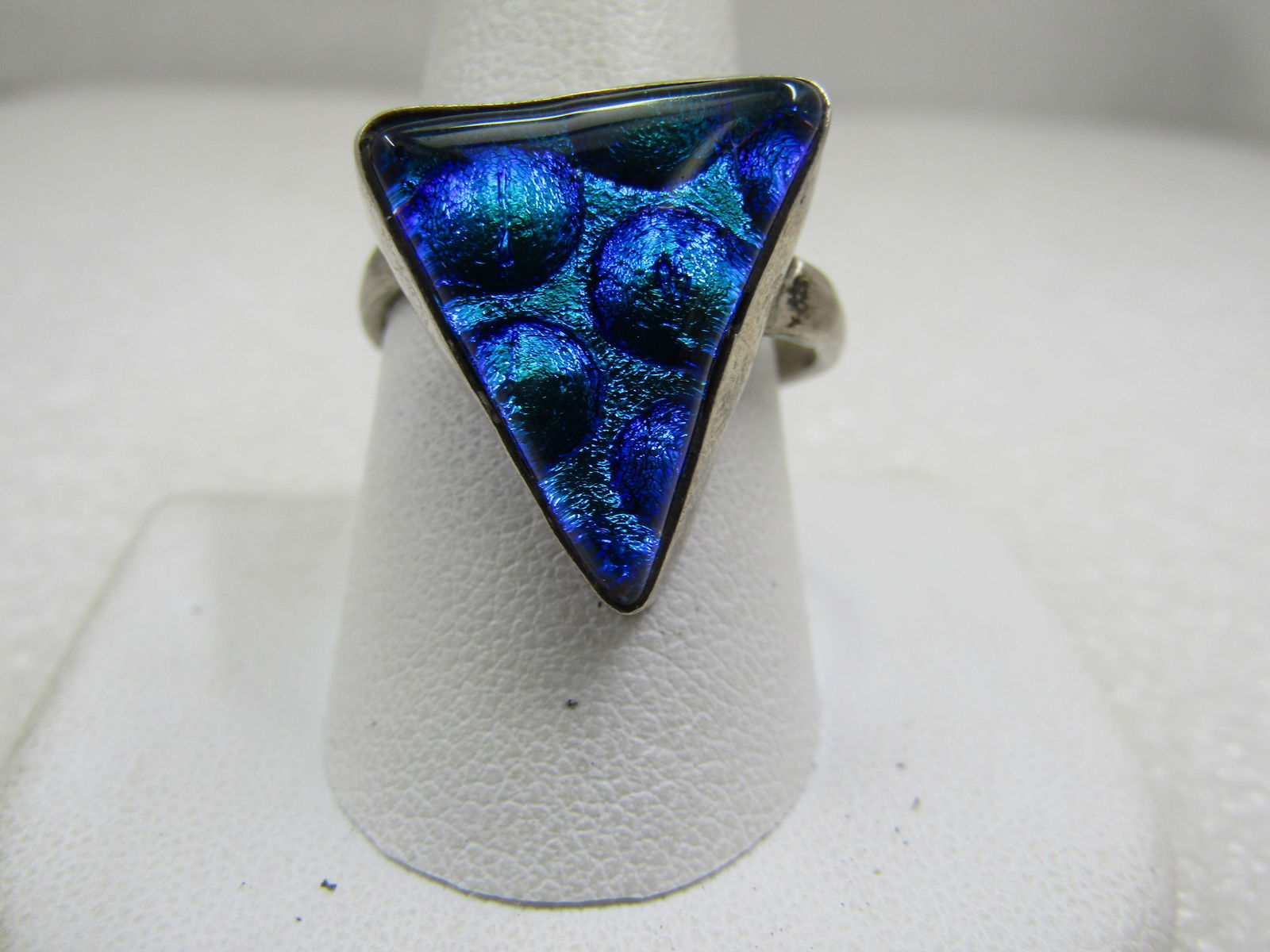Vintage Sterling Mod Triangular Blue Glass Ring, Unisex, Adjustable: Vintage Sterling triangular Blue Glass Ring, Unisex, Adjustable from appx. size 8 to 10, it is a modern design and it could go lower but you would have to move the adjustable band to start wraping far
