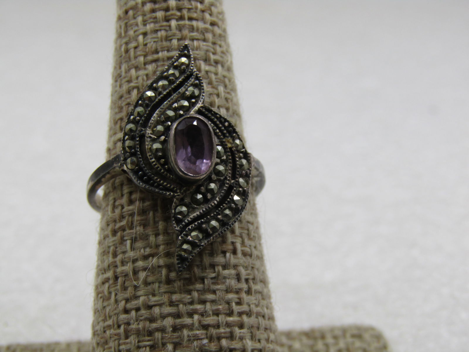 Vintage Sterling Marcasite Amethyst Bypass Ring , Sz. 8.25 - 2