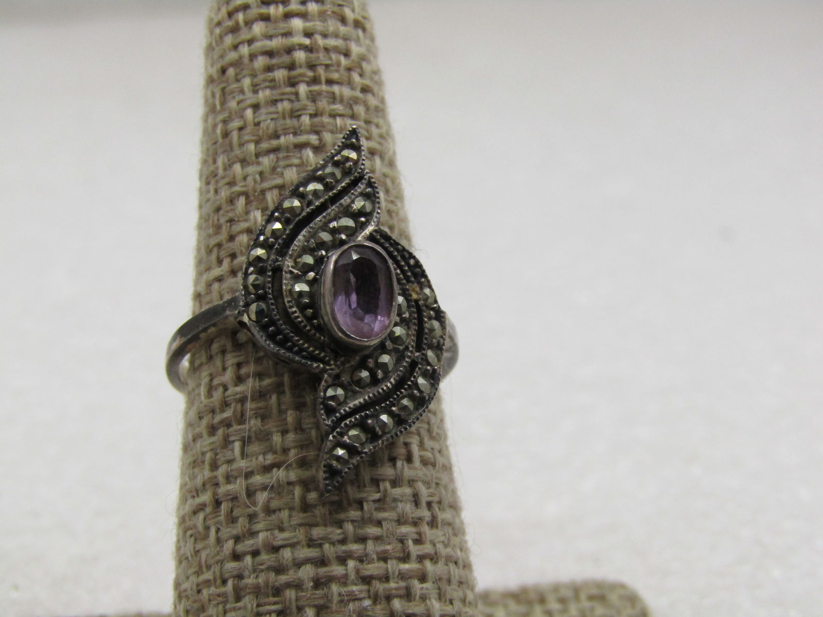 Vintage Sterling Marcasite Amethyst Bypass Ring , Sz. 8.25 - 3