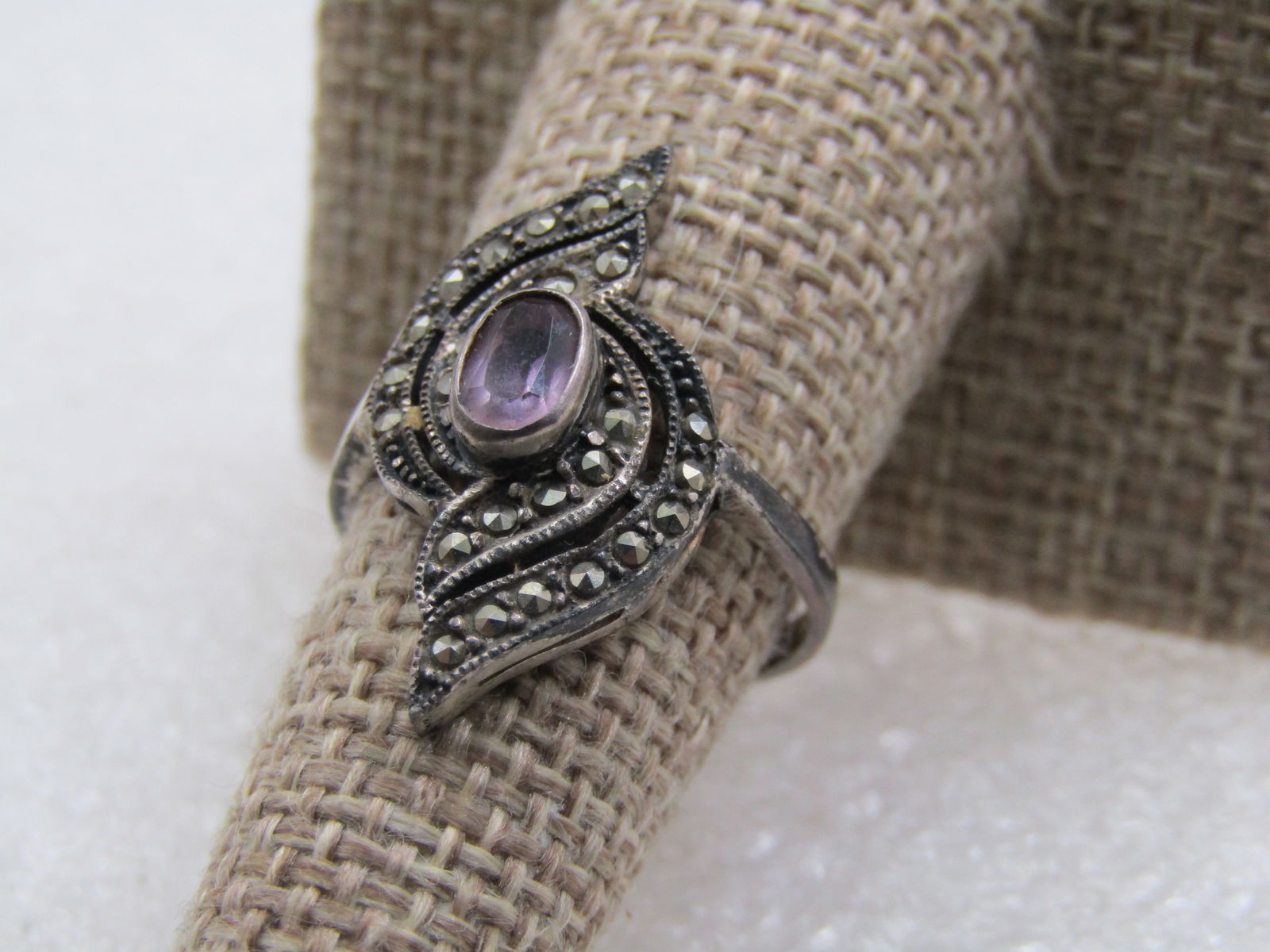 Vintage Sterling Marcasite Amethyst Bypass Ring , Sz. 8.25 - 5