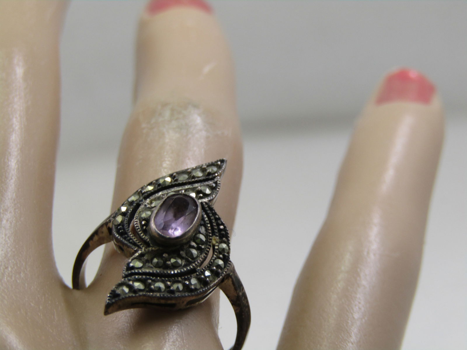 Vintage Sterling Marcasite Amethyst Bypass Ring , Sz. 8.25 - 9