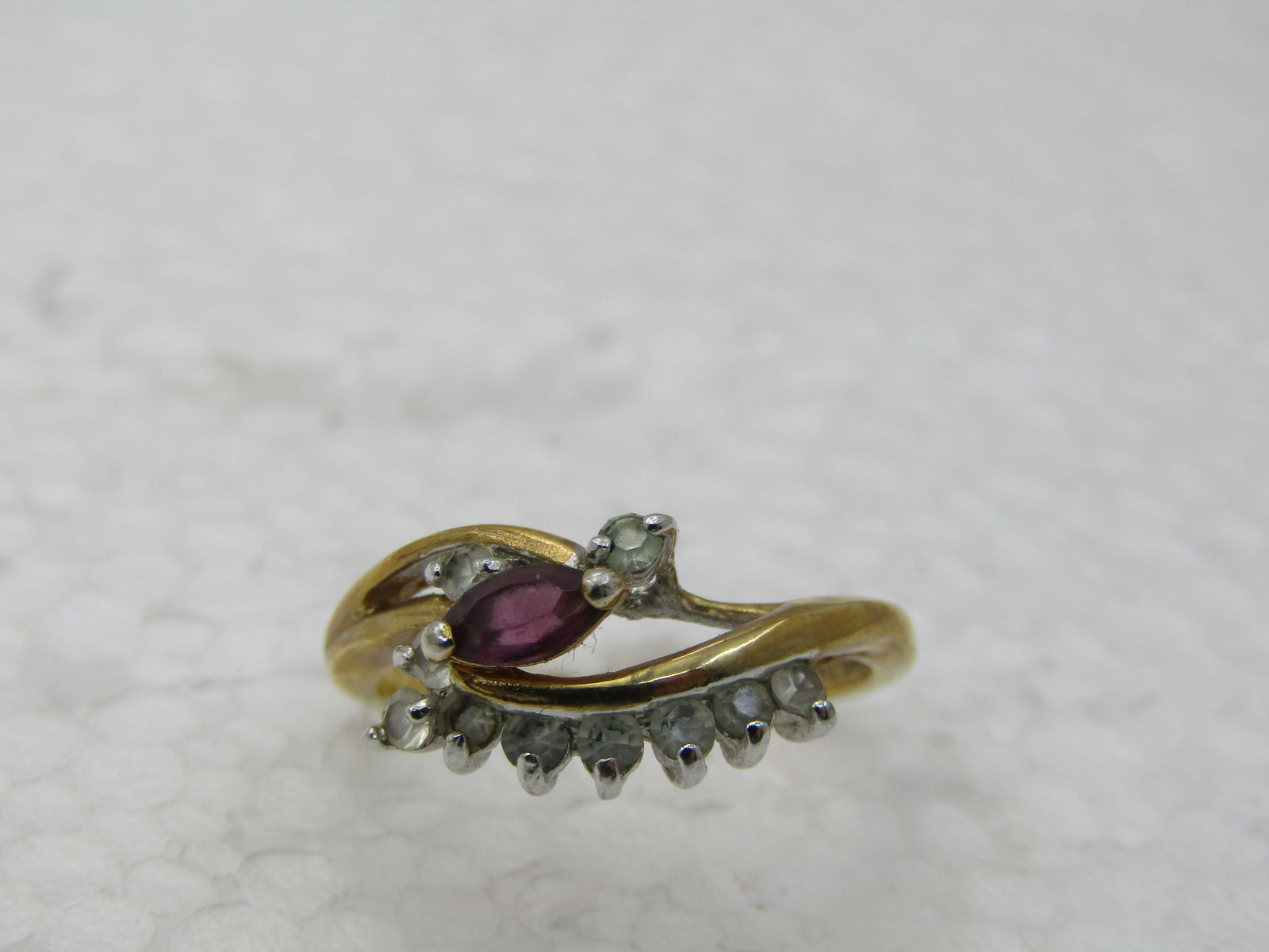 Vintage Maja 14kt GP Bypass Simulated Amethyst & Clear Stone Ring, Sz. 6.5 - 2