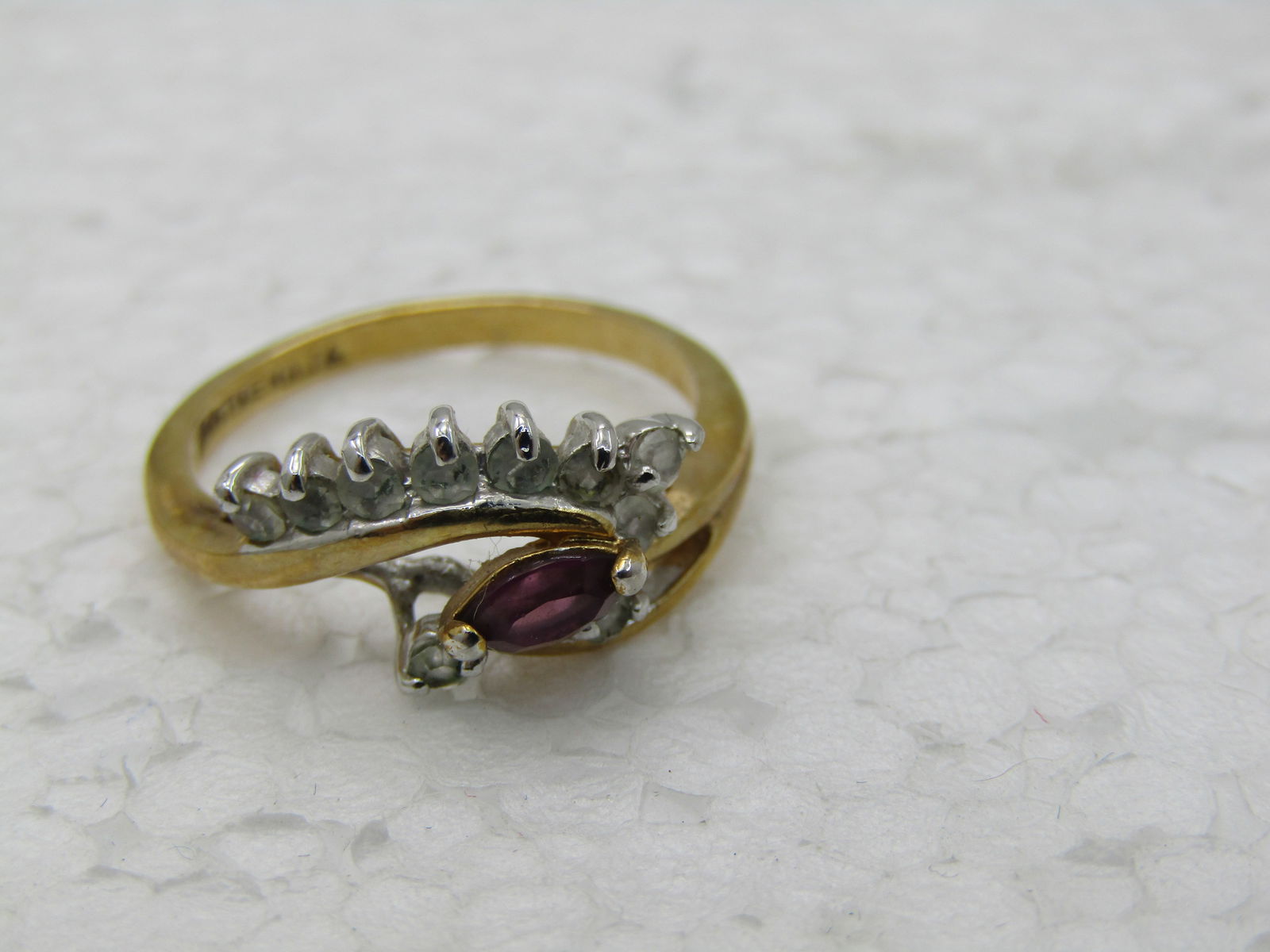 Vintage Maja 14kt GP Bypass Simulated Amethyst & Clear Stone Ring, Sz. 6.5 - 5