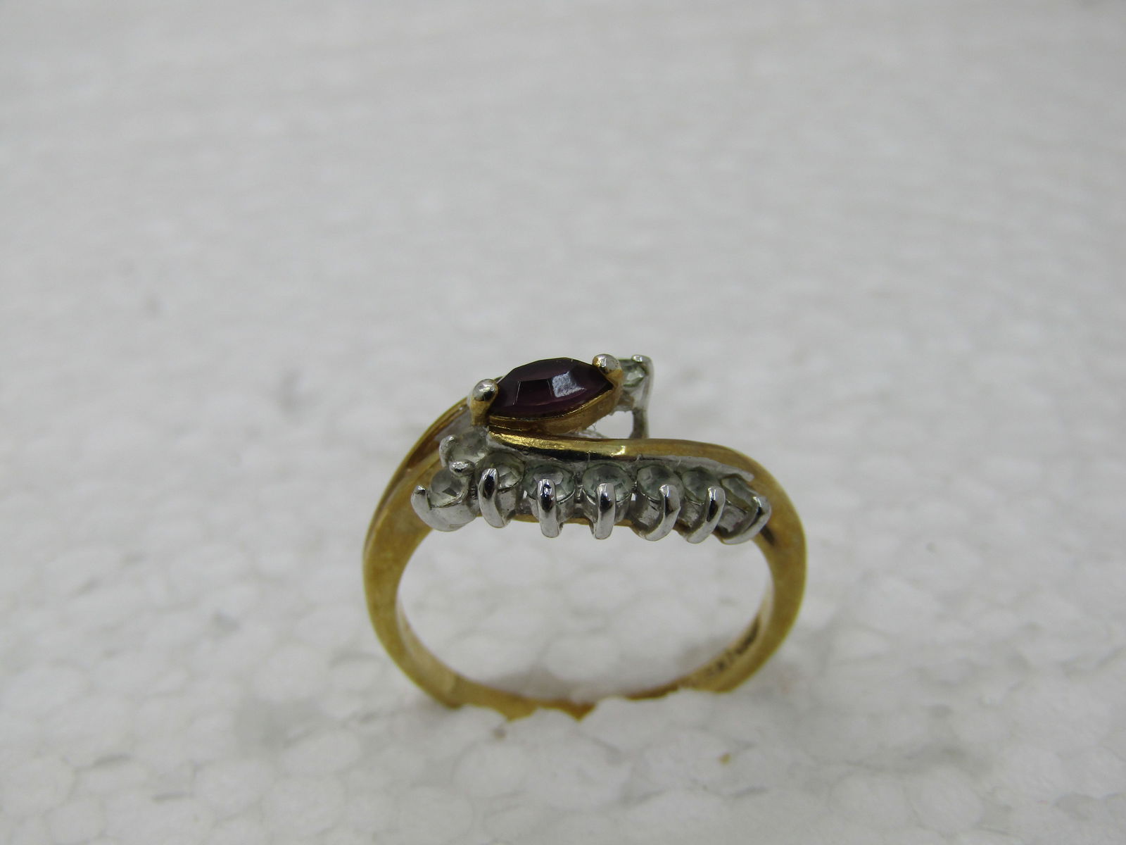 Vintage Maja 14kt GP Bypass Simulated Amethyst & Clear Stone Ring, Sz. 6.5 - 8