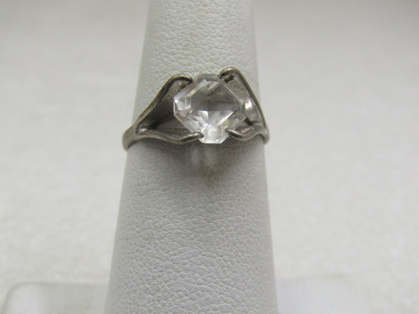 Vintage Sterling Clear Stone Ring, Sz. 6, Signed ESPO, 1960's: . The stone has a beveled edge and the clear stone is appx. 7.7mm from edge to edge at the cut corners. Open setting with angled design. Prong-Set. Marked sterling and signed Espo. Weight of the ring