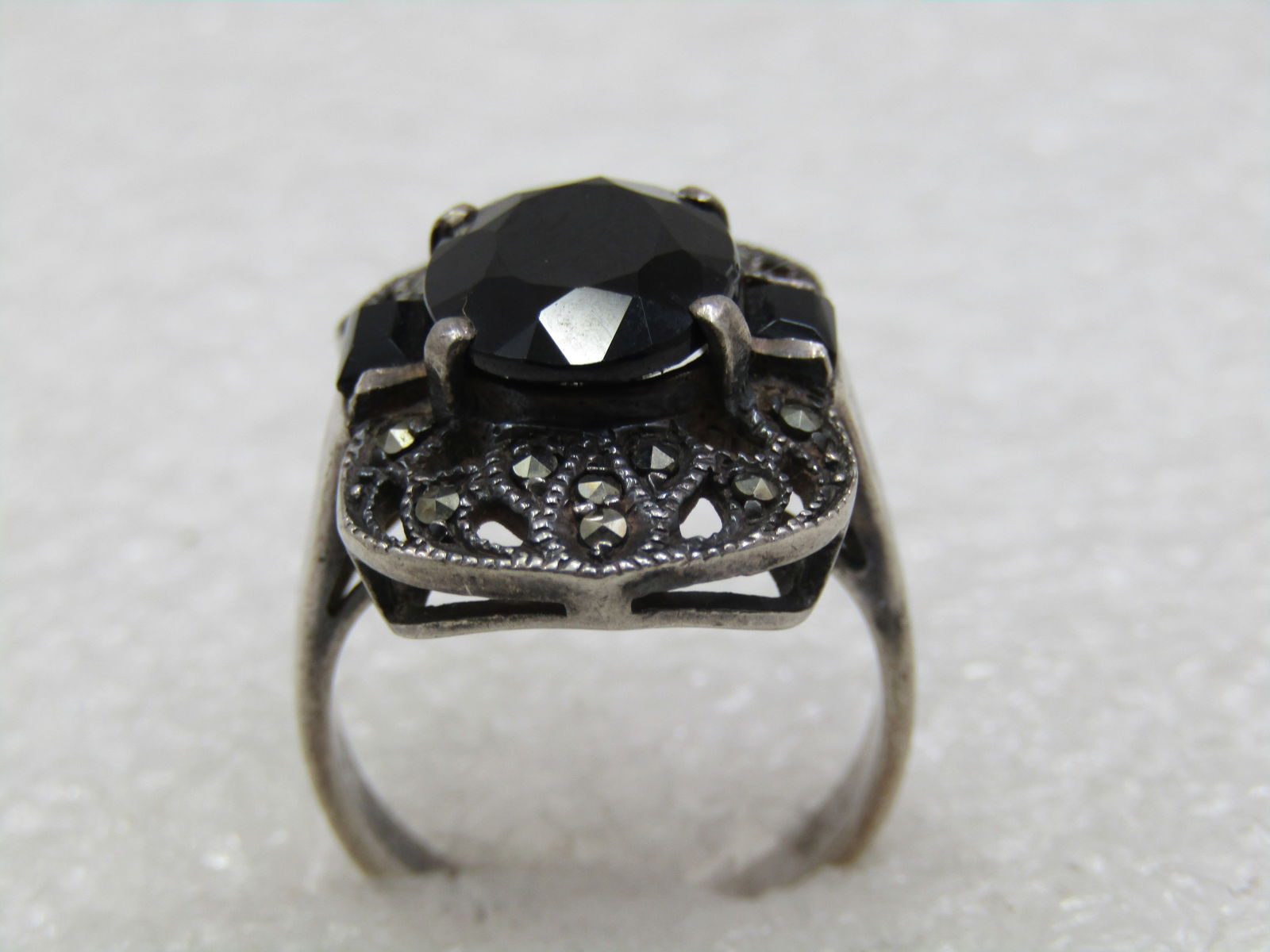 Vintage Sterling Marcasite & Onyx Ring. Sz. 8, Over 3 CTW - 5