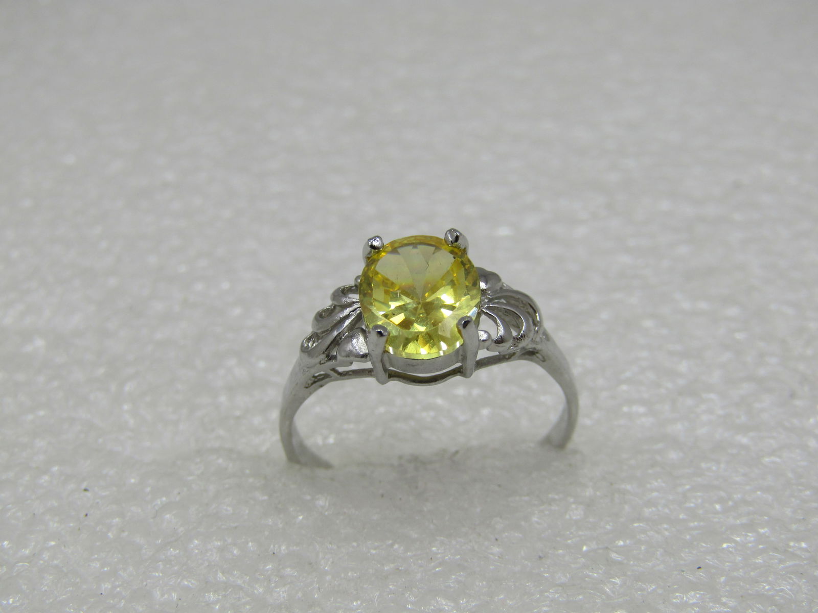 Yellow Stone Scrolled Ring, Sz. 7.75, Silver Tone - 5