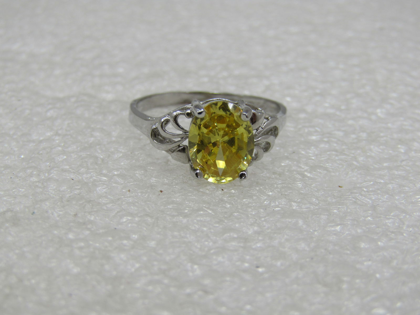 Yellow Stone Scrolled Ring, Sz. 7.75, Silver Tone - 6