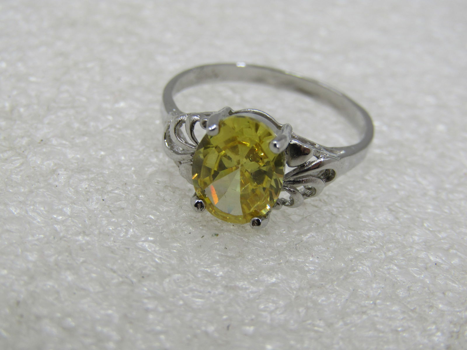 Yellow Stone Scrolled Ring, Sz. 7.75, Silver Tone - 8