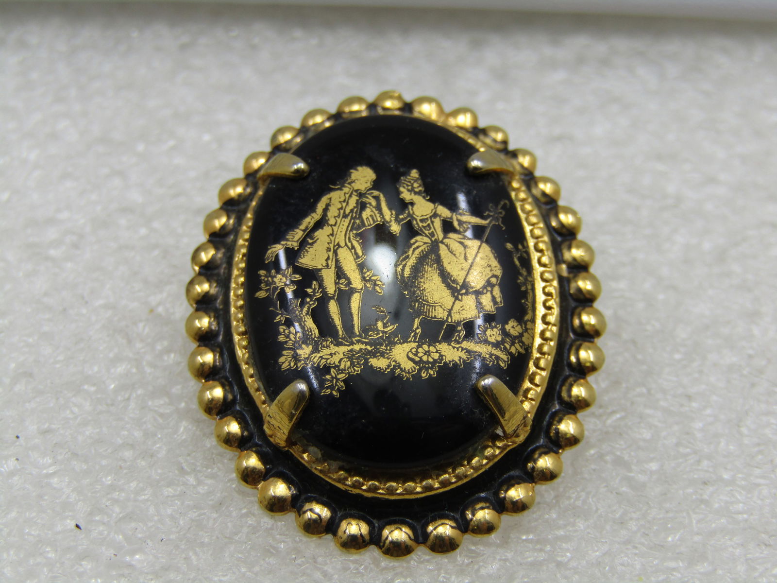 Vintage Black & Gold Courting Cameo Brooch Pendant, - 3