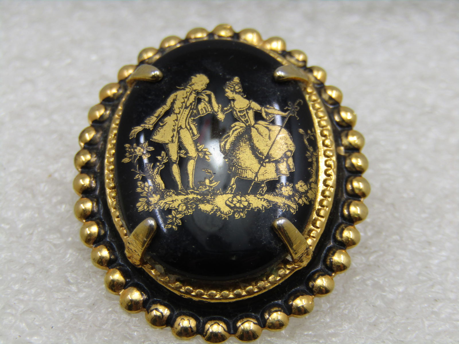 Vintage Black & Gold Courting Cameo Brooch Pendant, - 4