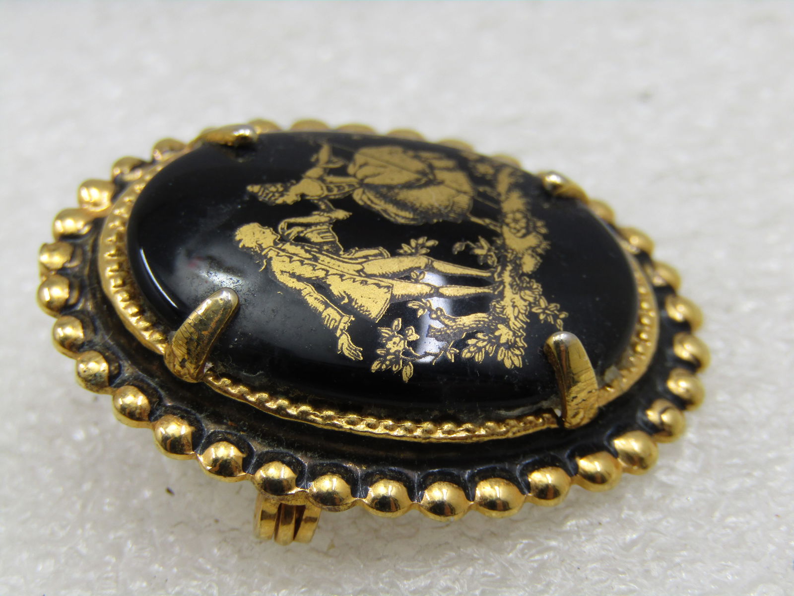 Vintage Black & Gold Courting Cameo Brooch Pendant, - 5