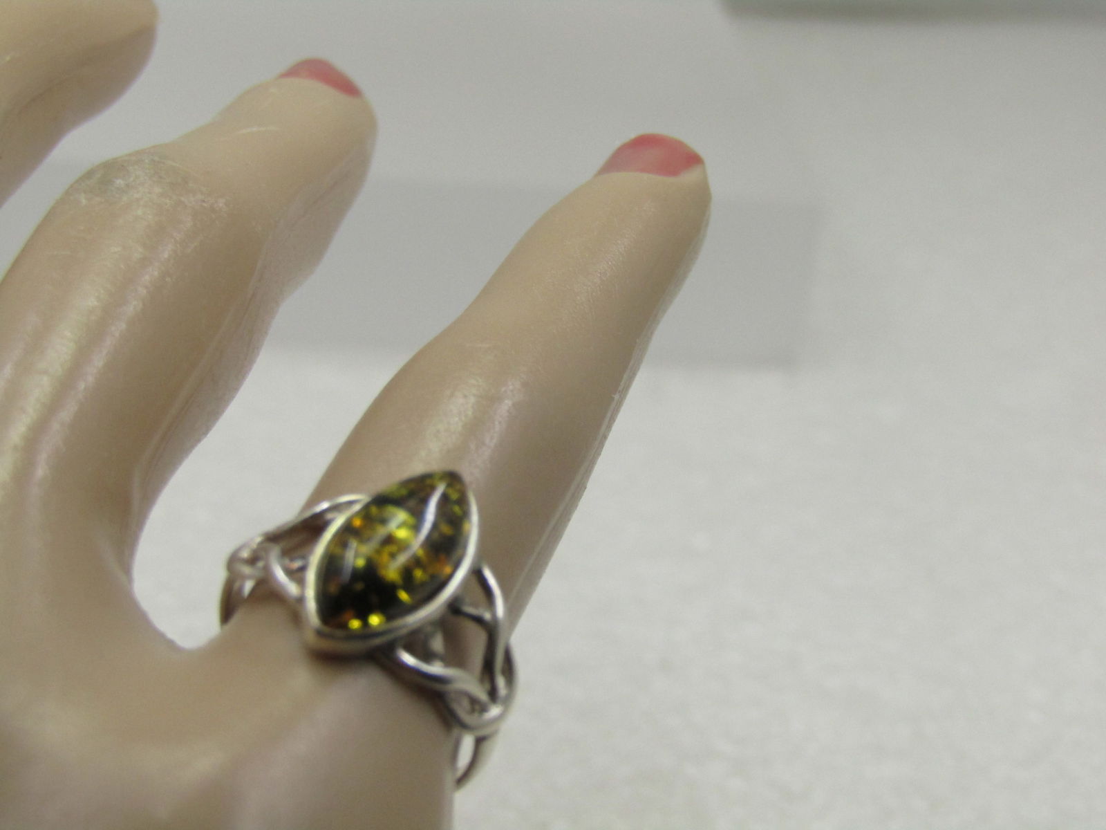 Vintage Sterling Amber Ring, Celtic, Sz. 4.5 - 8