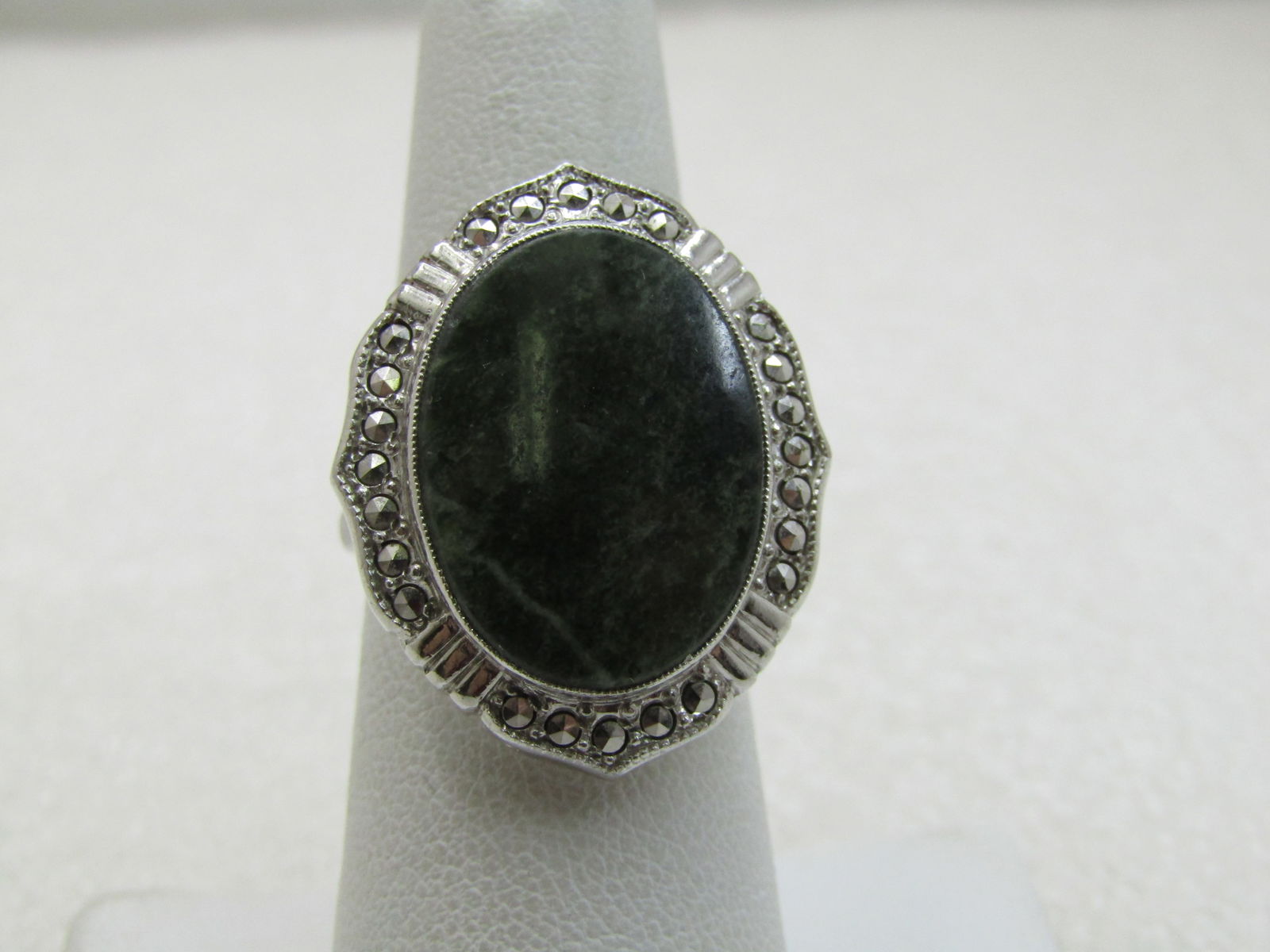 Vintage Sterling Green Agate Marcasite Ring, Adjustable Sz. 7-10, Signed (1 of 8)