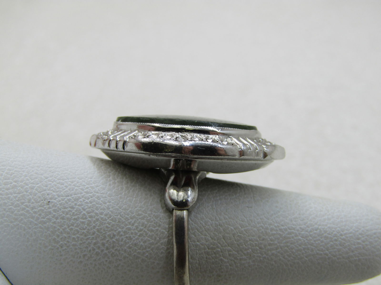 Vintage Sterling Green Agate Marcasite Ring, Adjustable Sz. 7-10, Signed - 4