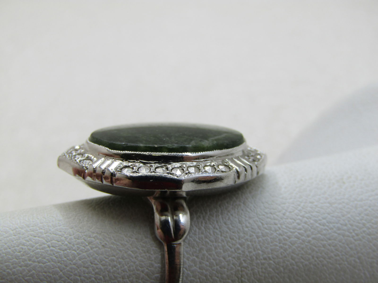 Vintage Sterling Green Agate Marcasite Ring, Adjustable Sz. 7-10, Signed - 5