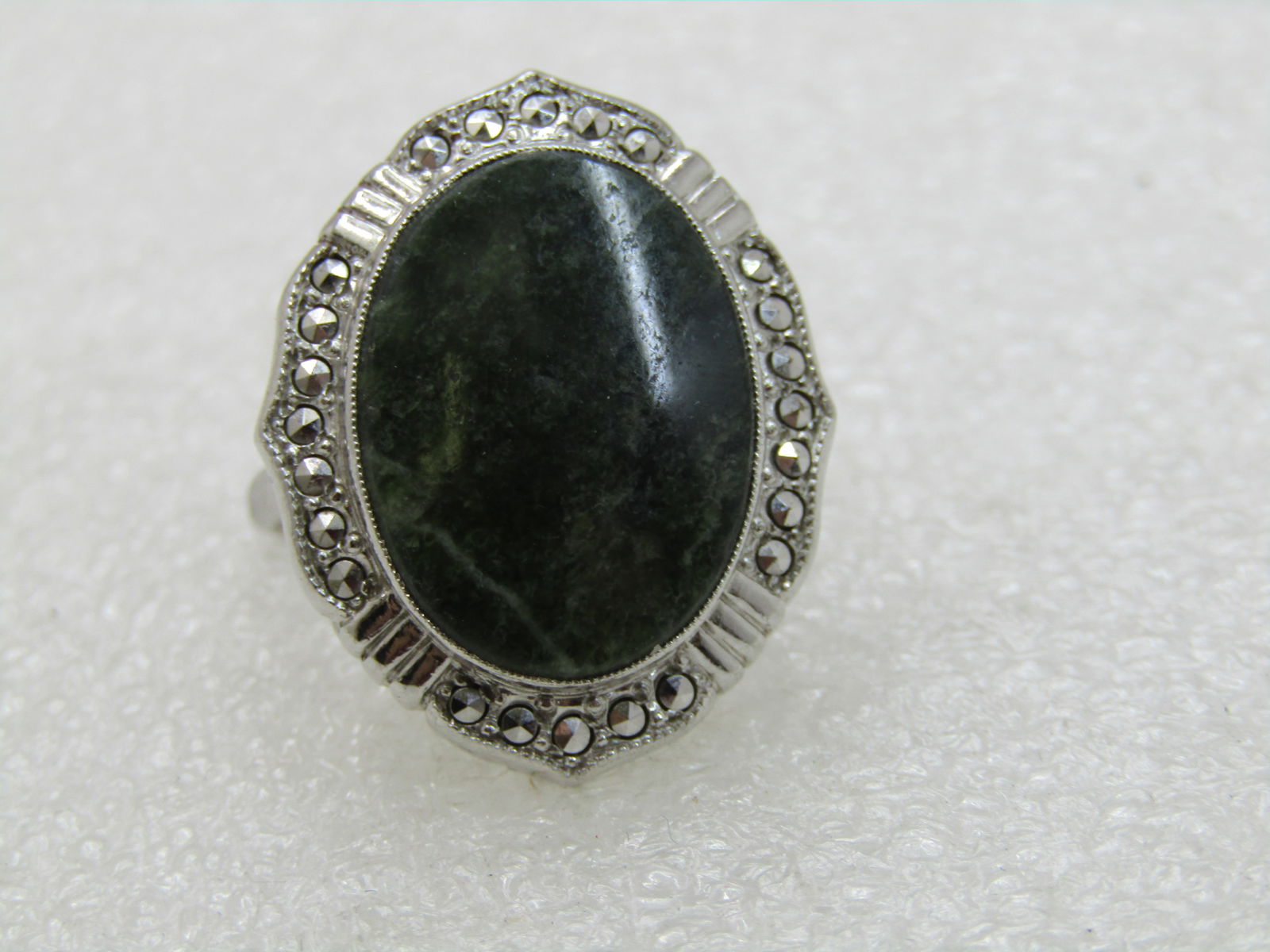 Vintage Sterling Green Agate Marcasite Ring, Adjustable Sz. 7-10, Signed - 6