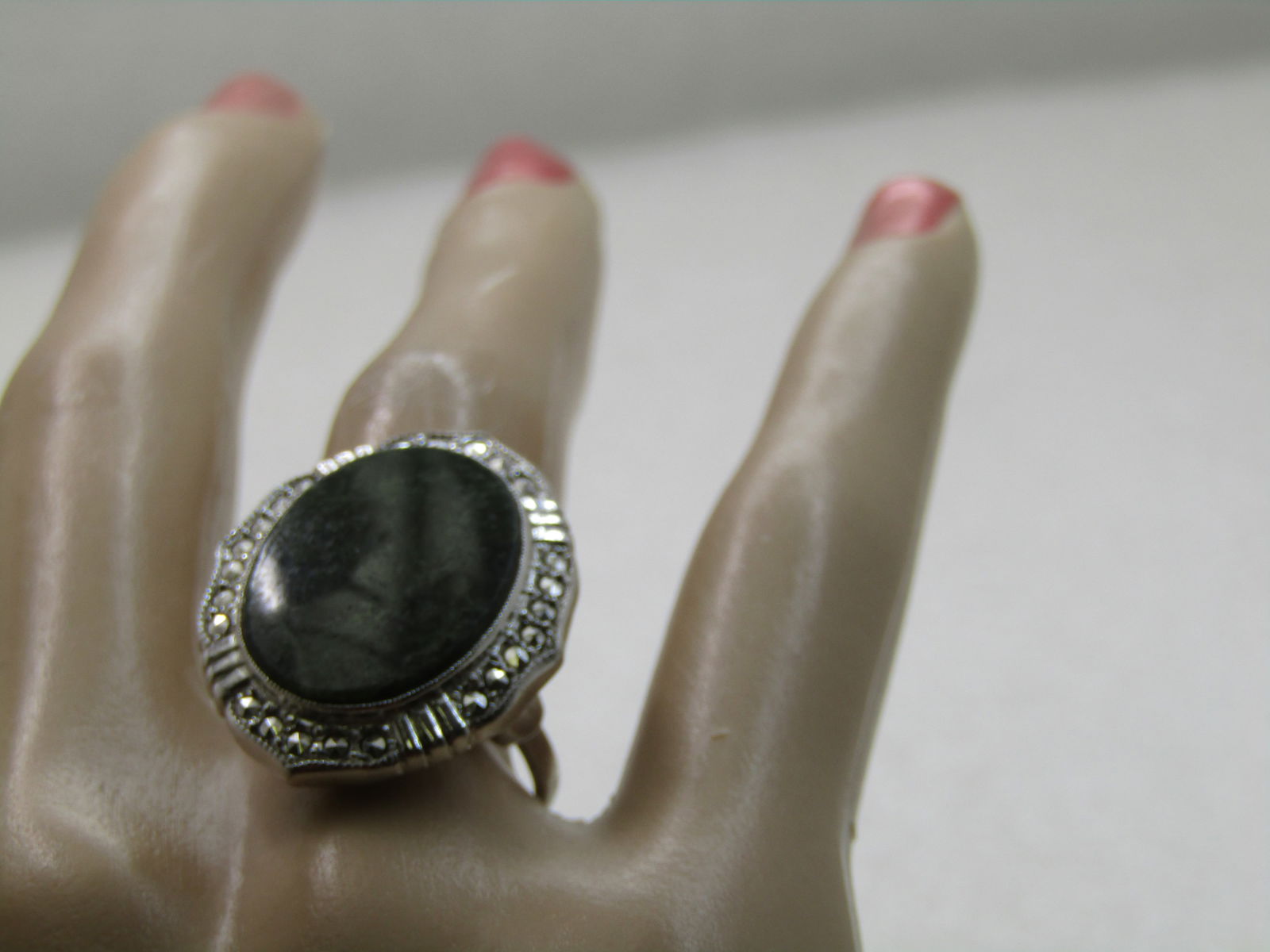 Vintage Sterling Green Agate Marcasite Ring, Adjustable Sz. 7-10, Signed - 8