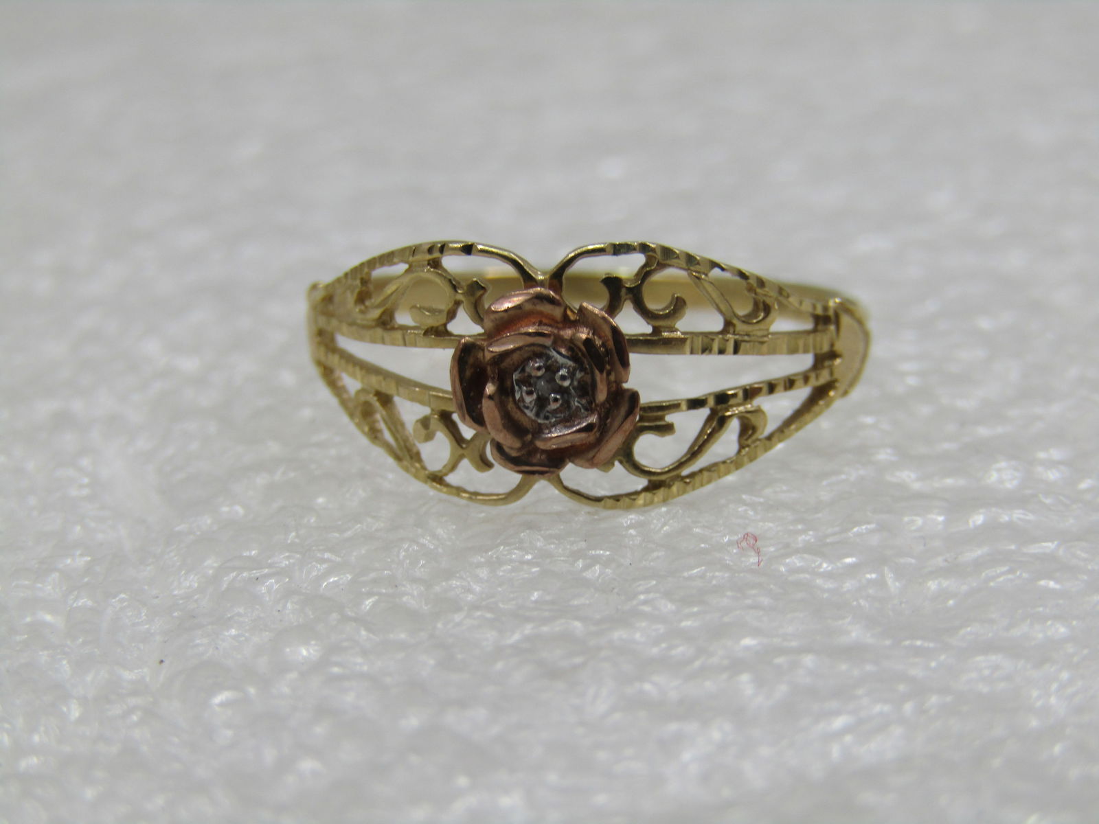 Vintage 10kt Filigree Rose Ring with Diamond, Sz. 6.5, Signed JCM, Two-Tone. - 4