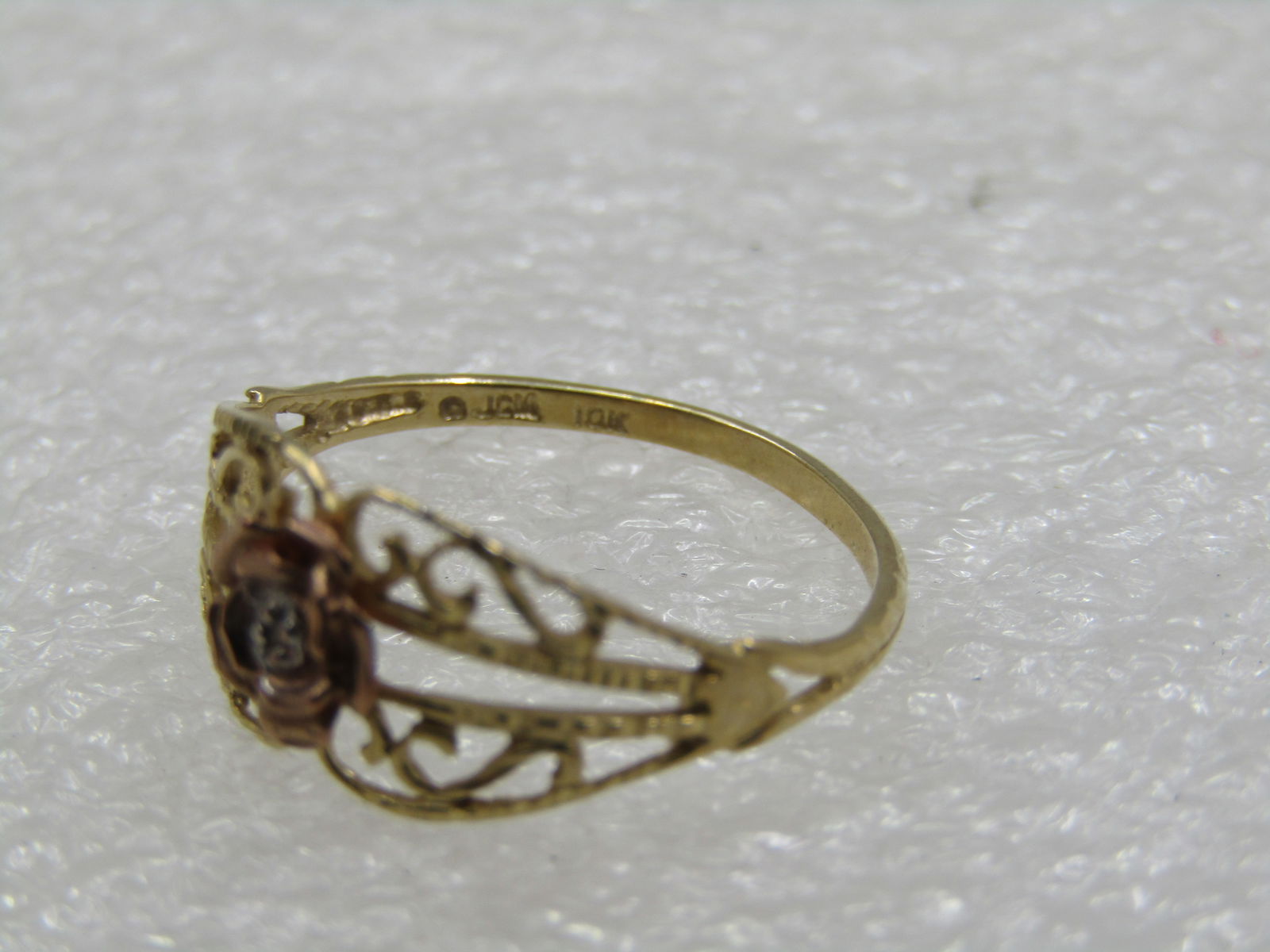 Vintage 10kt Filigree Rose Ring with Diamond, Sz. 6.5, Signed JCM, Two-Tone. - 6