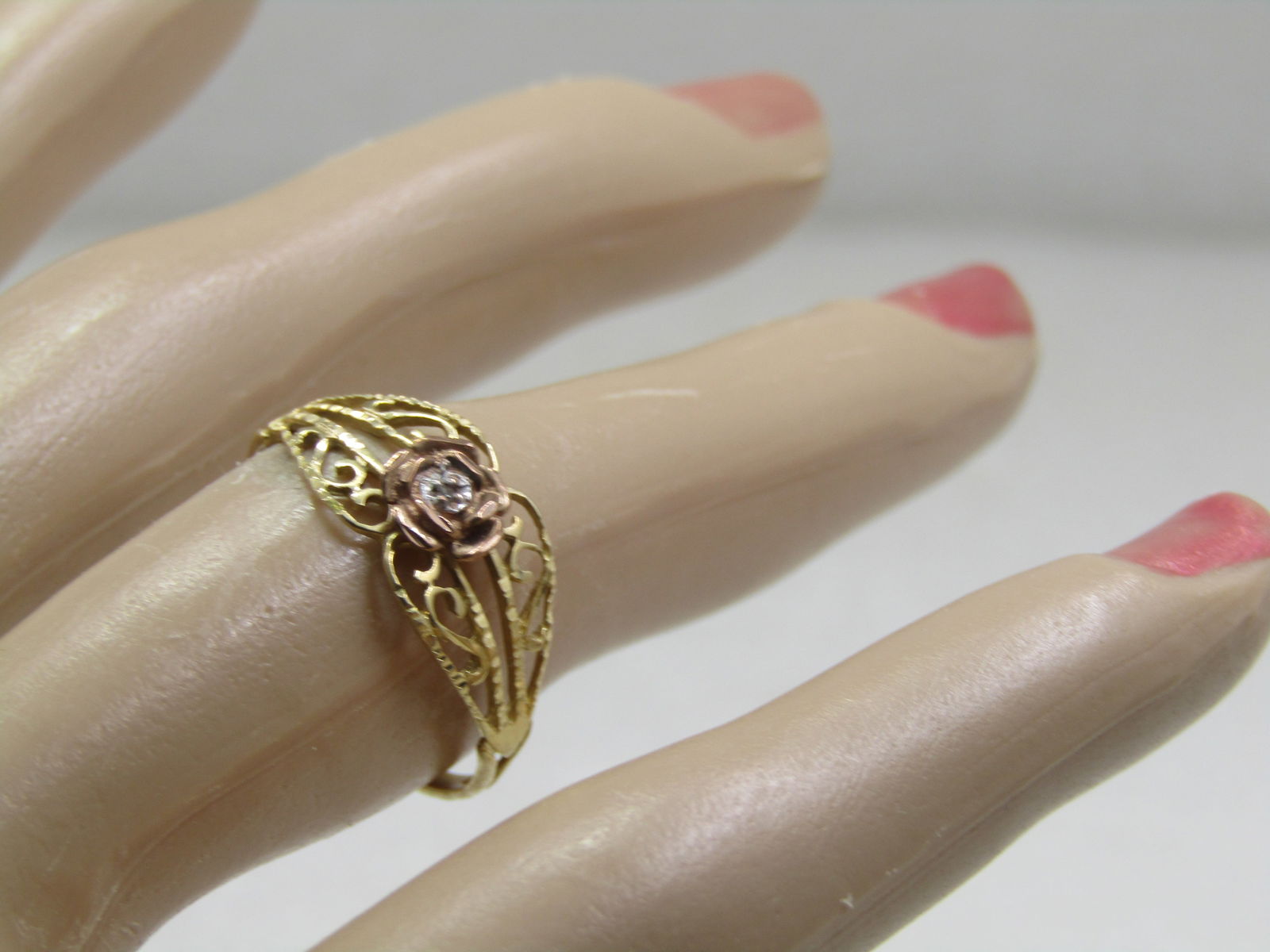 Vintage 10kt Filigree Rose Ring with Diamond, Sz. 6.5, Signed JCM, Two-Tone. - 7
