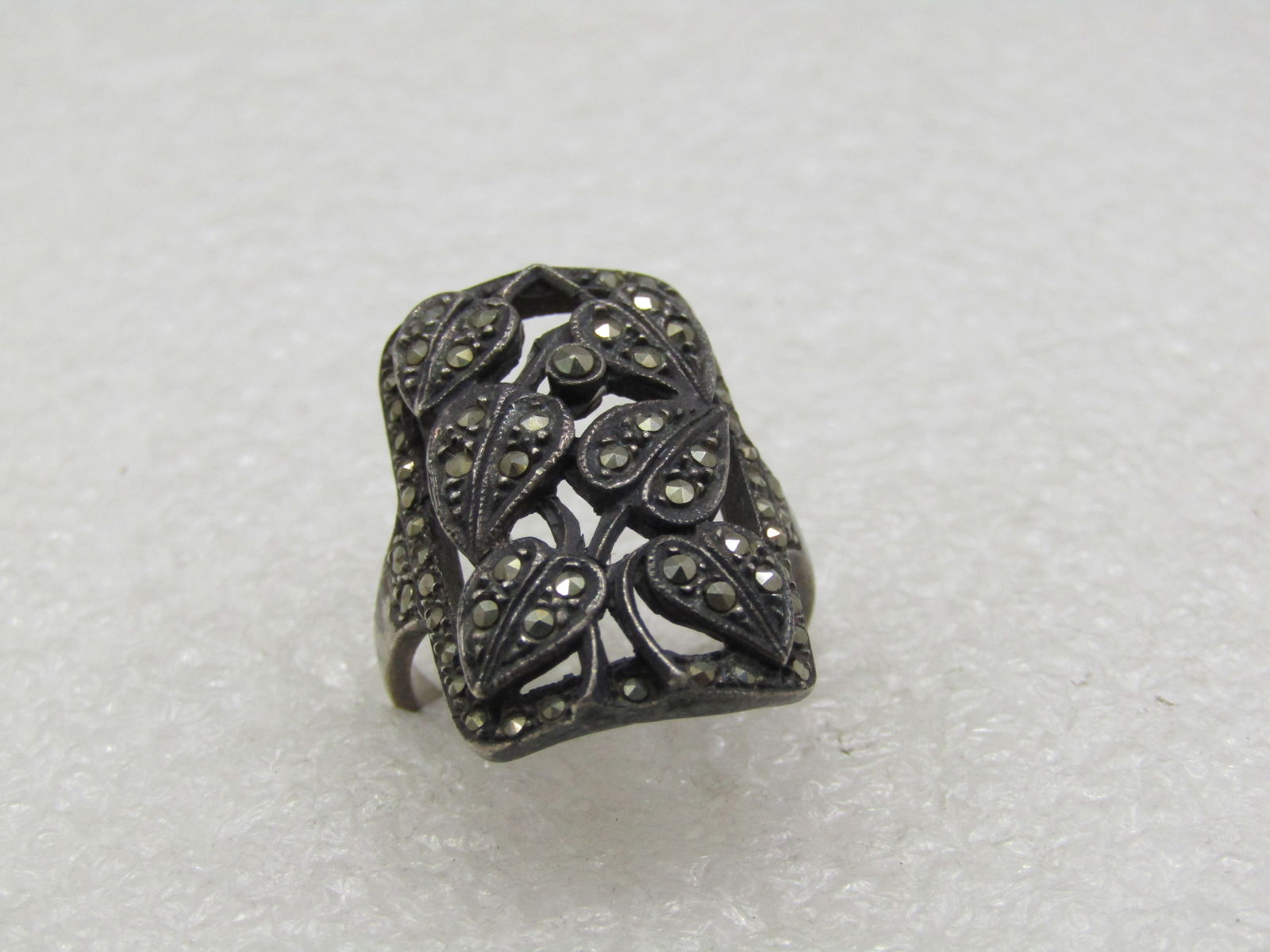 Vintage Sterling Marcasite Leaf Ring, Rectangular, Sz. 8 - 4