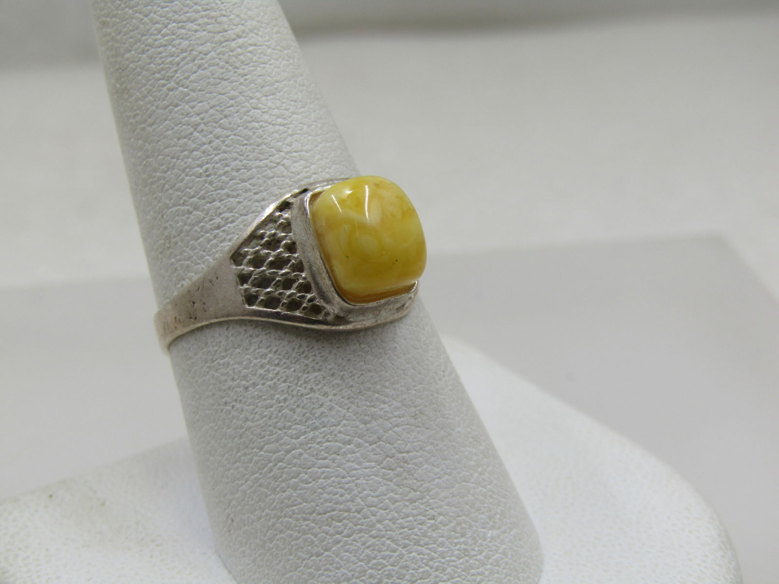 Vintage Yellow Stone Ring, Sz 9.25, Silver Tone - 2