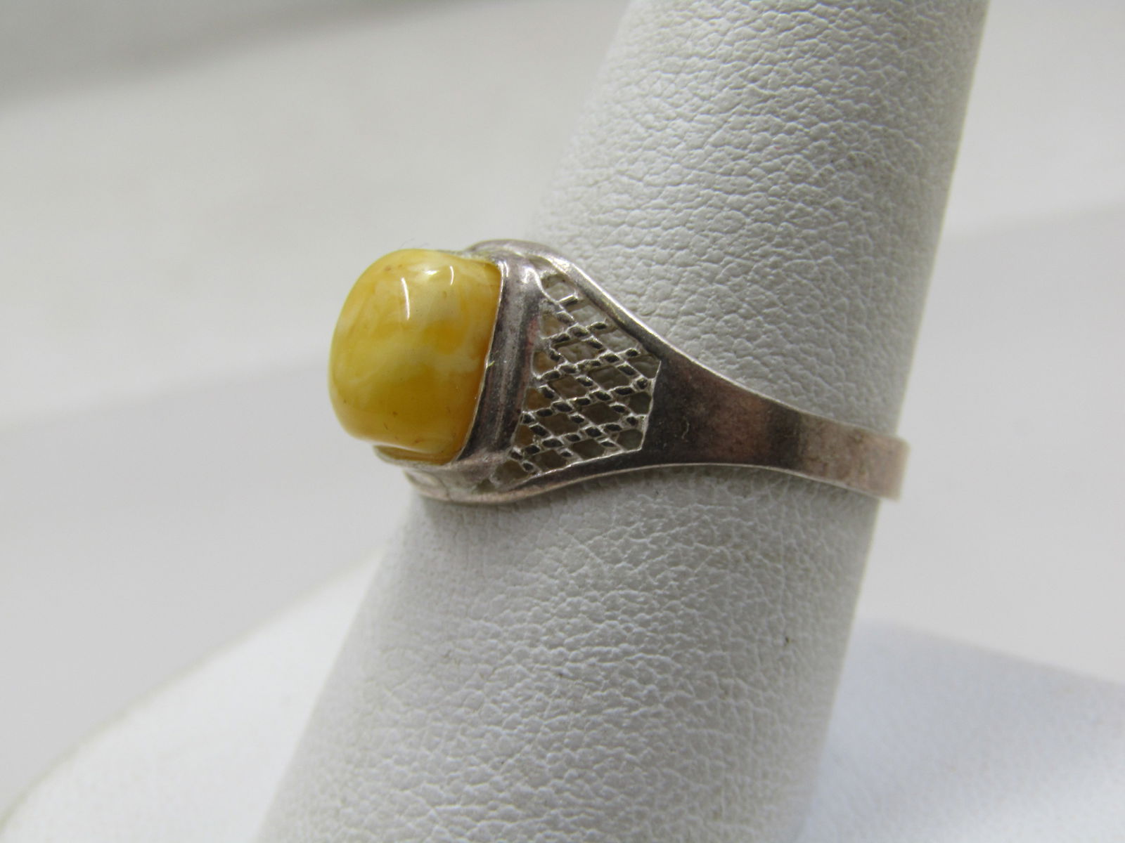 Vintage Yellow Stone Ring, Sz 9.25, Silver Tone - 3