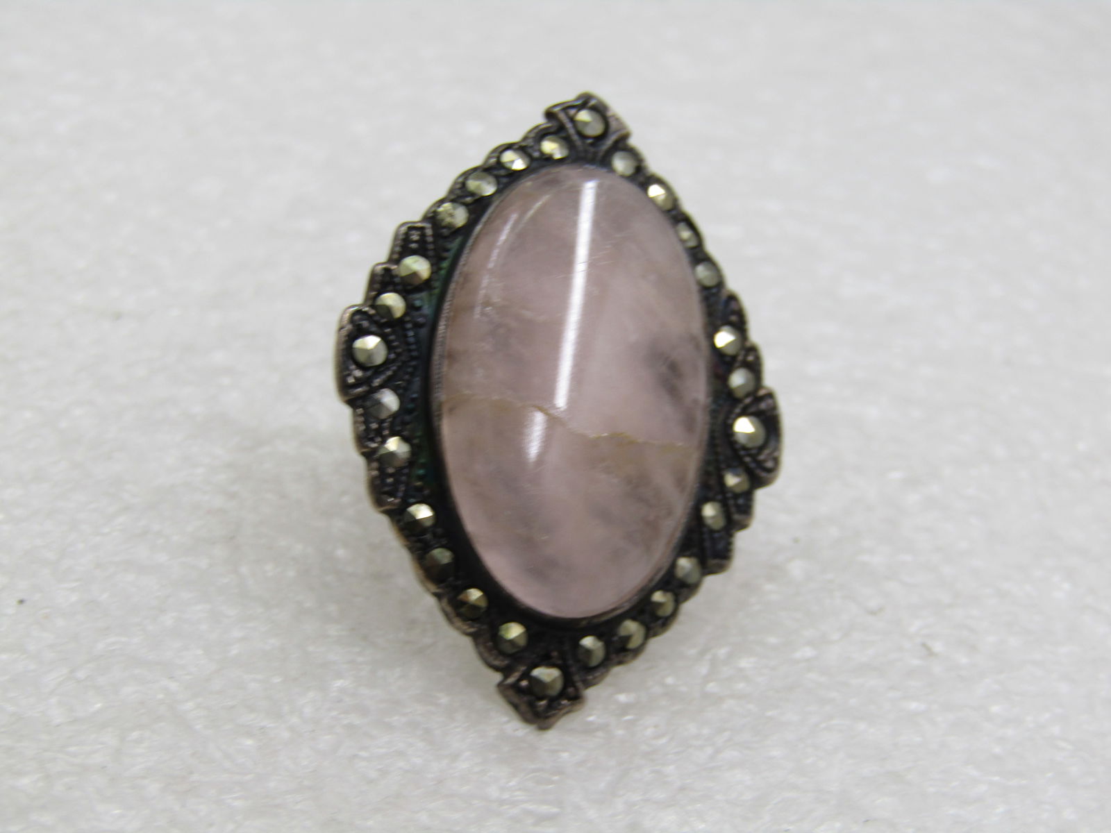 Vintage Sterling Quartz Marcasite Ring, Sz. 3, Signed Uncas, early 1900's - 4