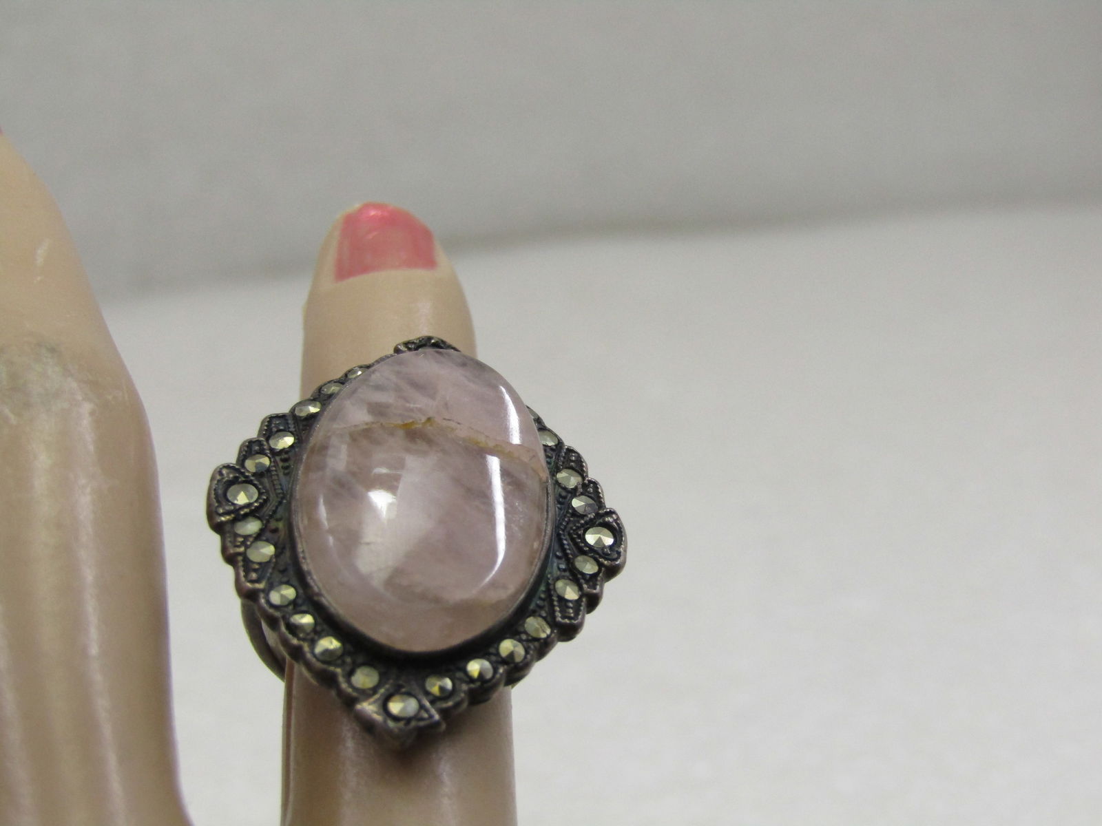 Vintage Sterling Quartz Marcasite Ring, Sz. 3, Signed Uncas, early 1900's - 6