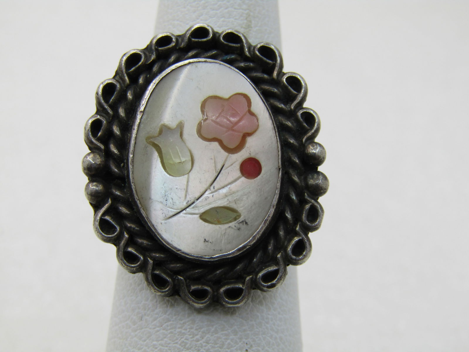 Vintage Sterling Southwestern Inlaid MOP Floral Ring, Sz. 6.5, Signed J.M. - 2